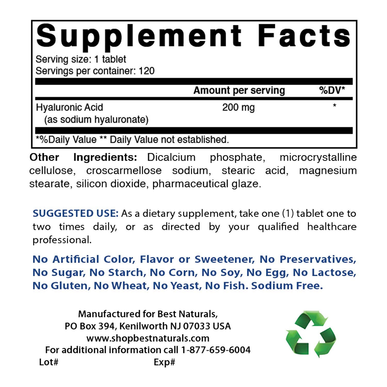 Foto 3 pulgar | Suplemento De Ácido Hialurónico Best Naturals 200 Mg 120 Comprimidos - Venta Internacional.