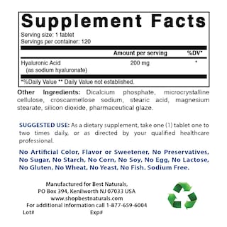 Foto 2 | Suplemento De Ácido Hialurónico Best Naturals 200 Mg 120 Comprimidos - Venta Internacional.