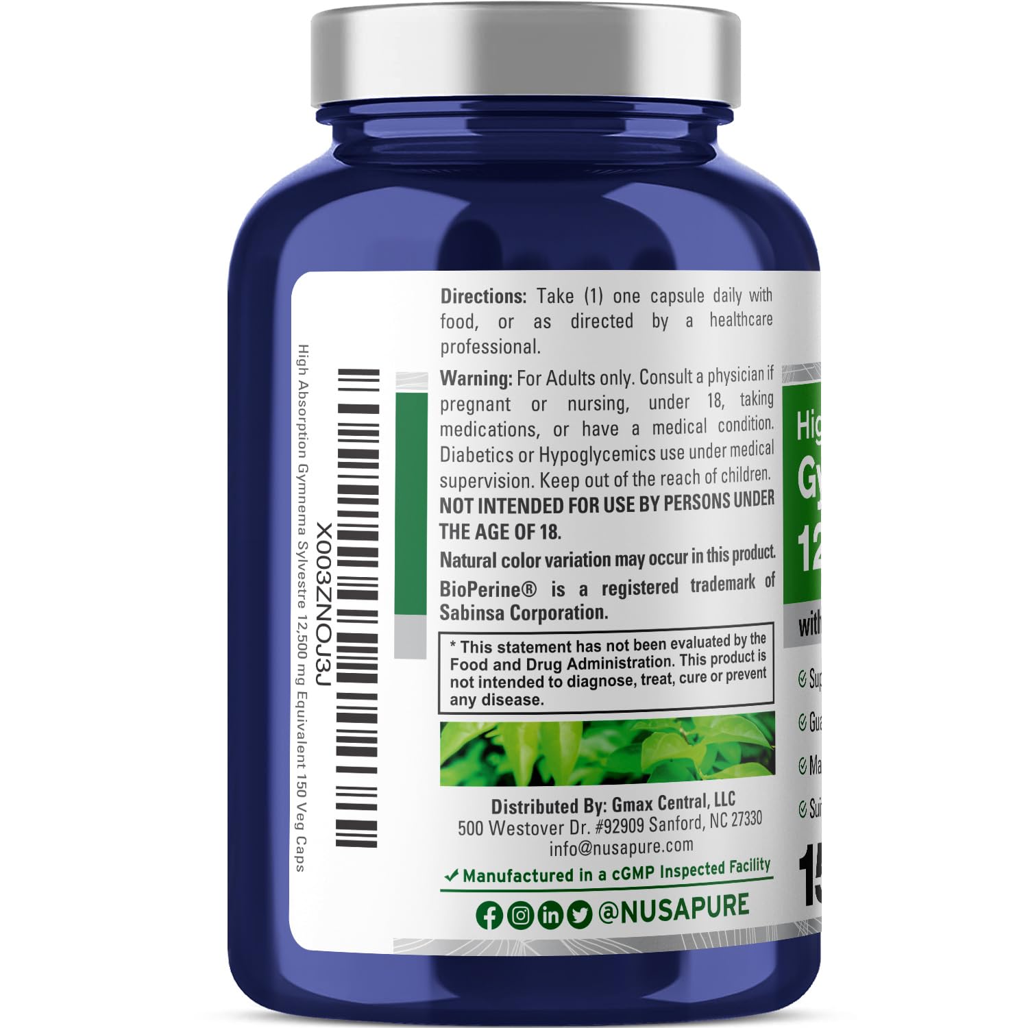 Foto 4 pulgar | Suplemento Nusapure Gymnema Sylvestre 12500 Mg 150 Cápsulas Veganas - Venta Internacional.
