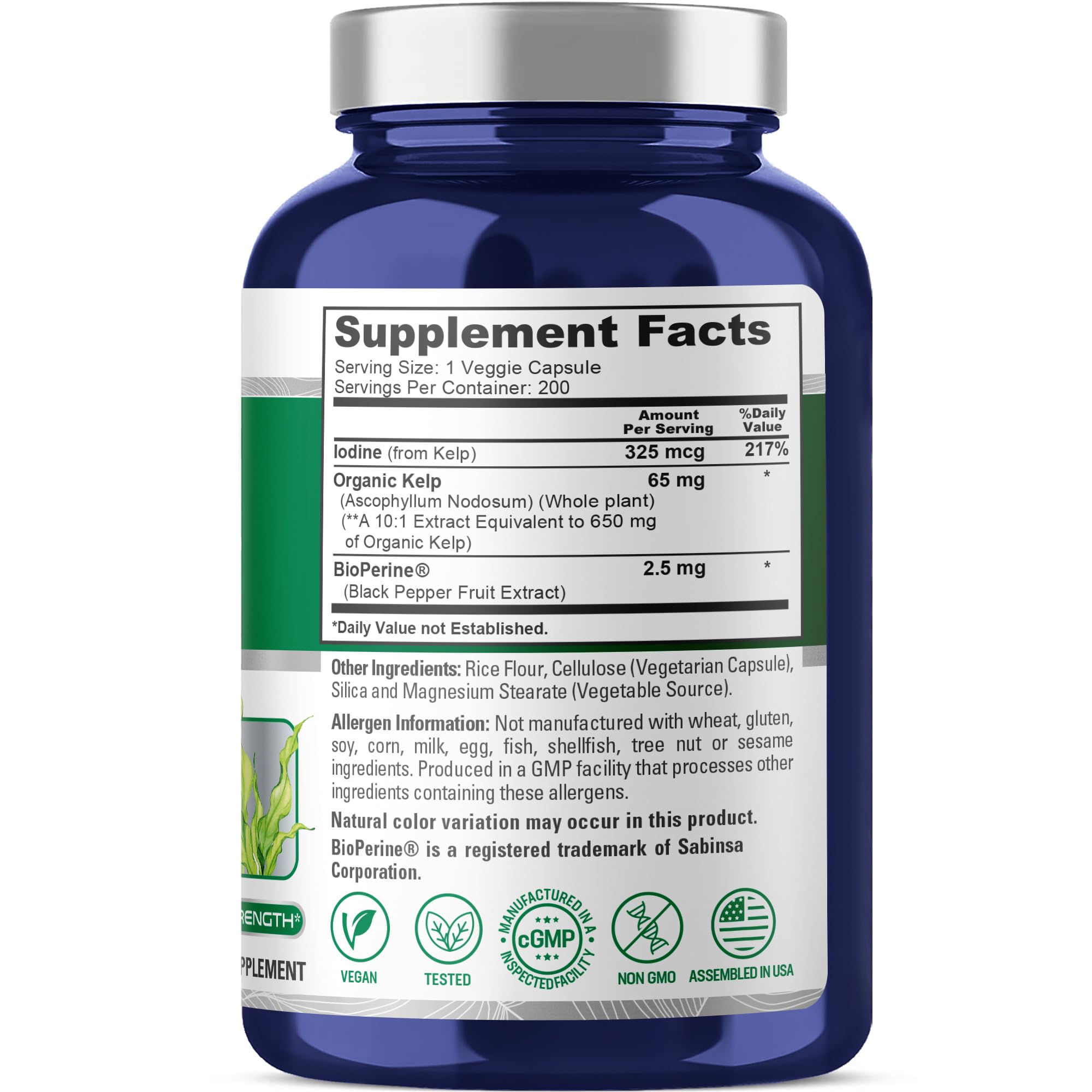 Foto 3 pulgar | Suplemento Nusapure Sea Kelp Yodo 325 Mcg 200 Cápsulas - Venta Internacional.