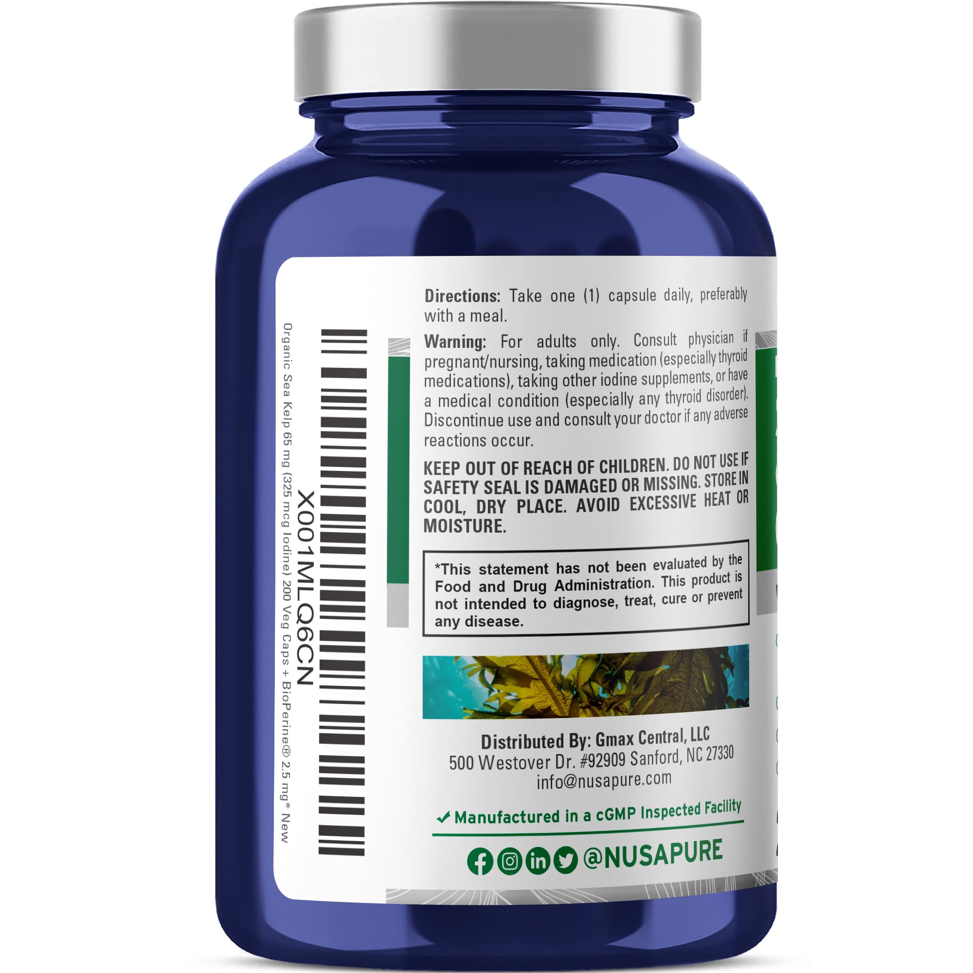 Foto 4 pulgar | Suplemento Nusapure Sea Kelp Yodo 325 Mcg 200 Cápsulas - Venta Internacional.