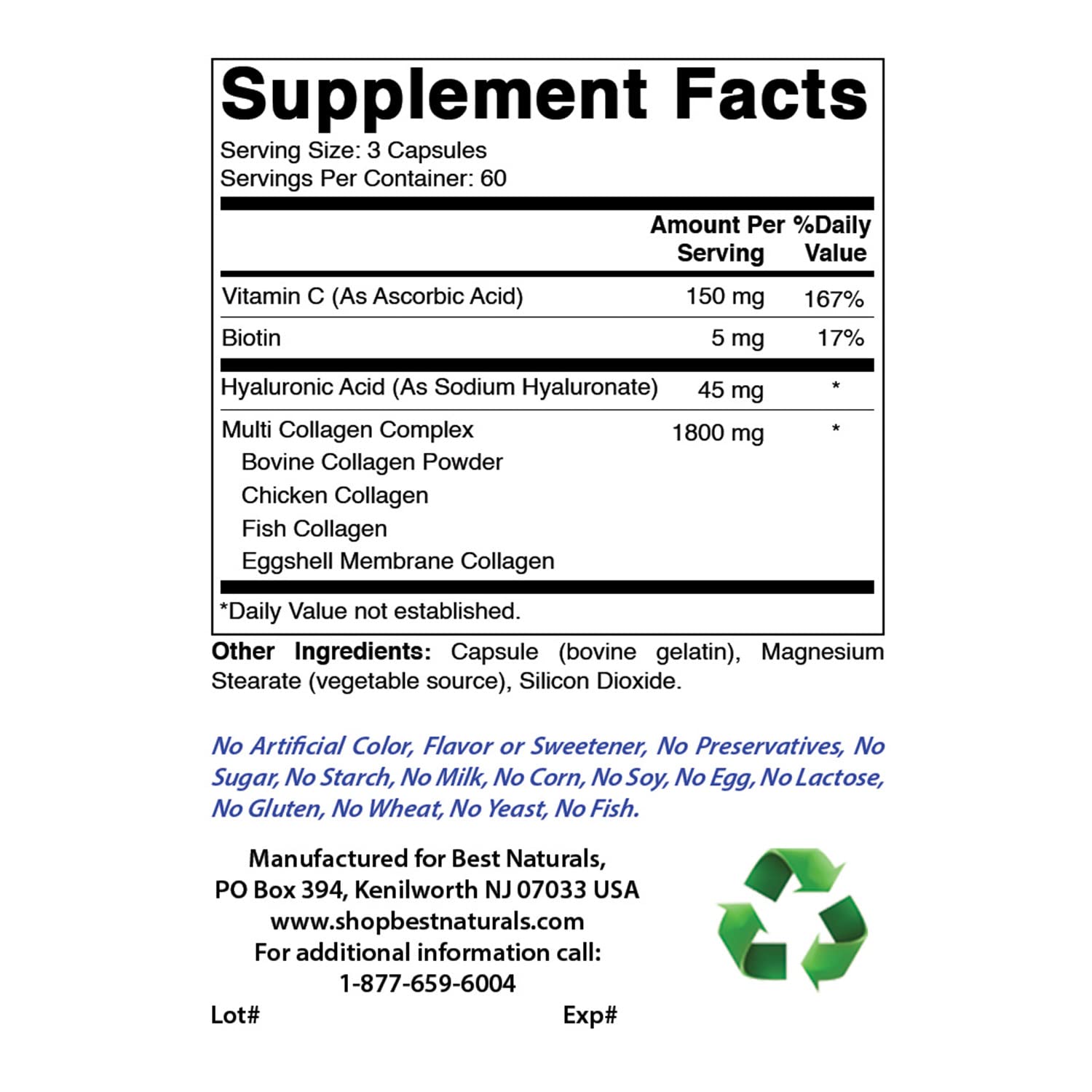 Foto 3 pulgar | Suplemento Best Naturals Multi Collagen 2000 Mg Con Biotina 60 Cápsulas - Venta Internacional.