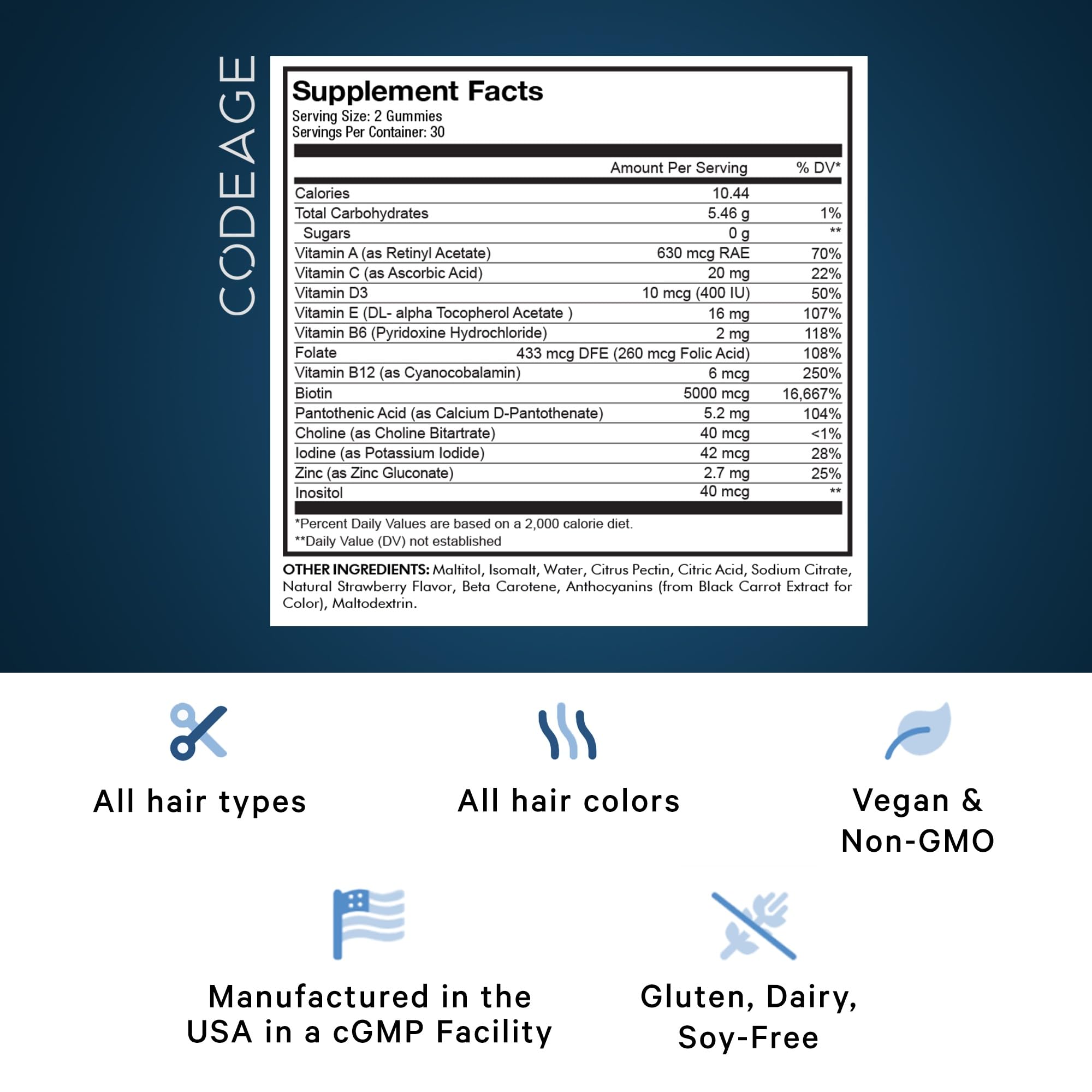 Foto 3 pulgar | Gomitas Para El Cabello Codeage Biotin 5000 Mcg Con Vitaminas A, C, D3 Y Zinc - Venta Internacional.
