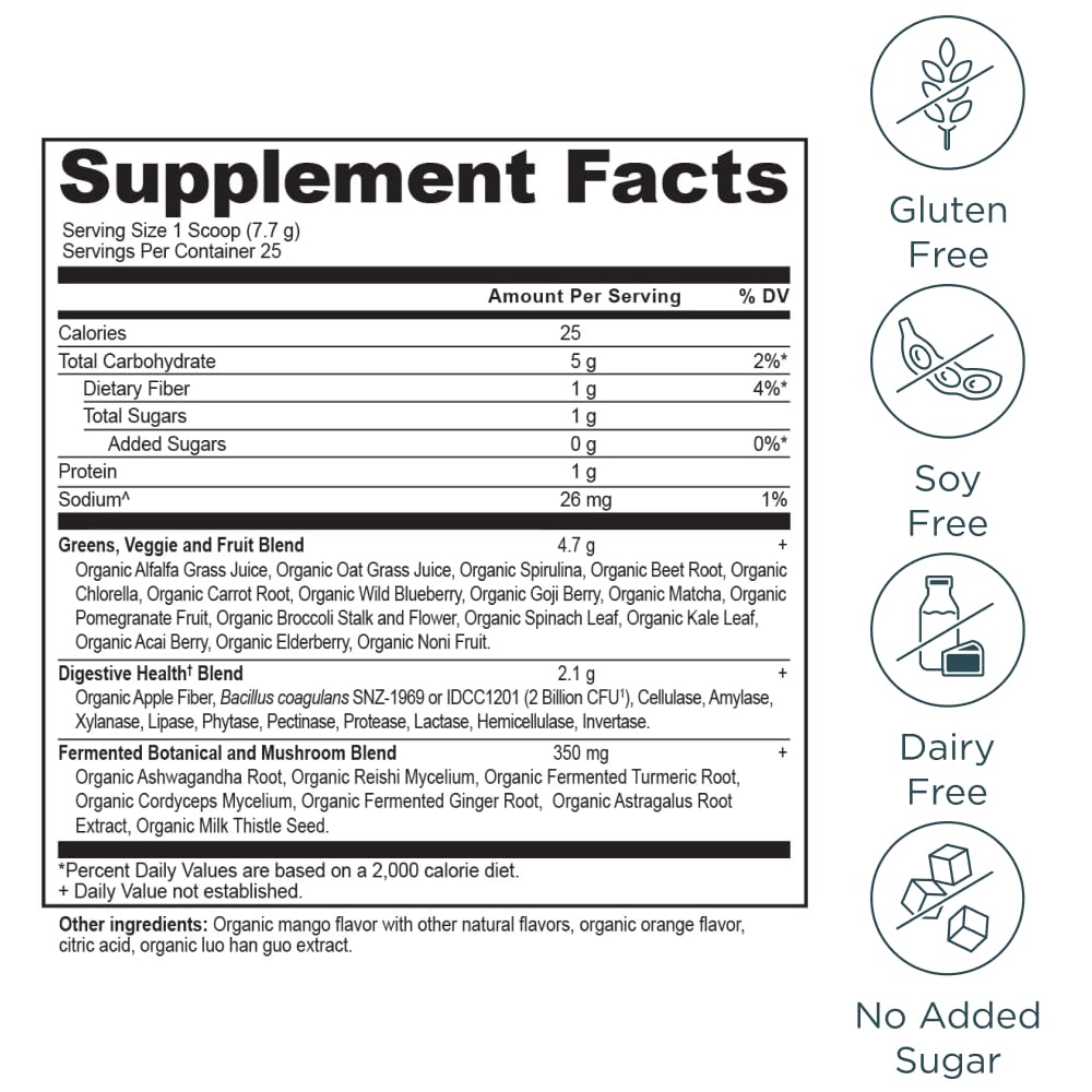 Foto 3 pulgar | Mango Orgánico Supergreens En Polvo Ancient Nutrition, 200 Ml - Venta Internacional.
