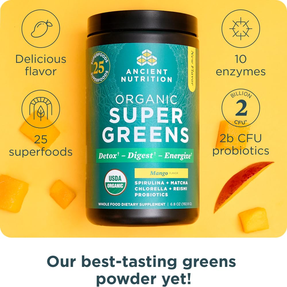 Foto 3 | Mango Orgánico Supergreens En Polvo Ancient Nutrition, 200 Ml - Venta Internacional.