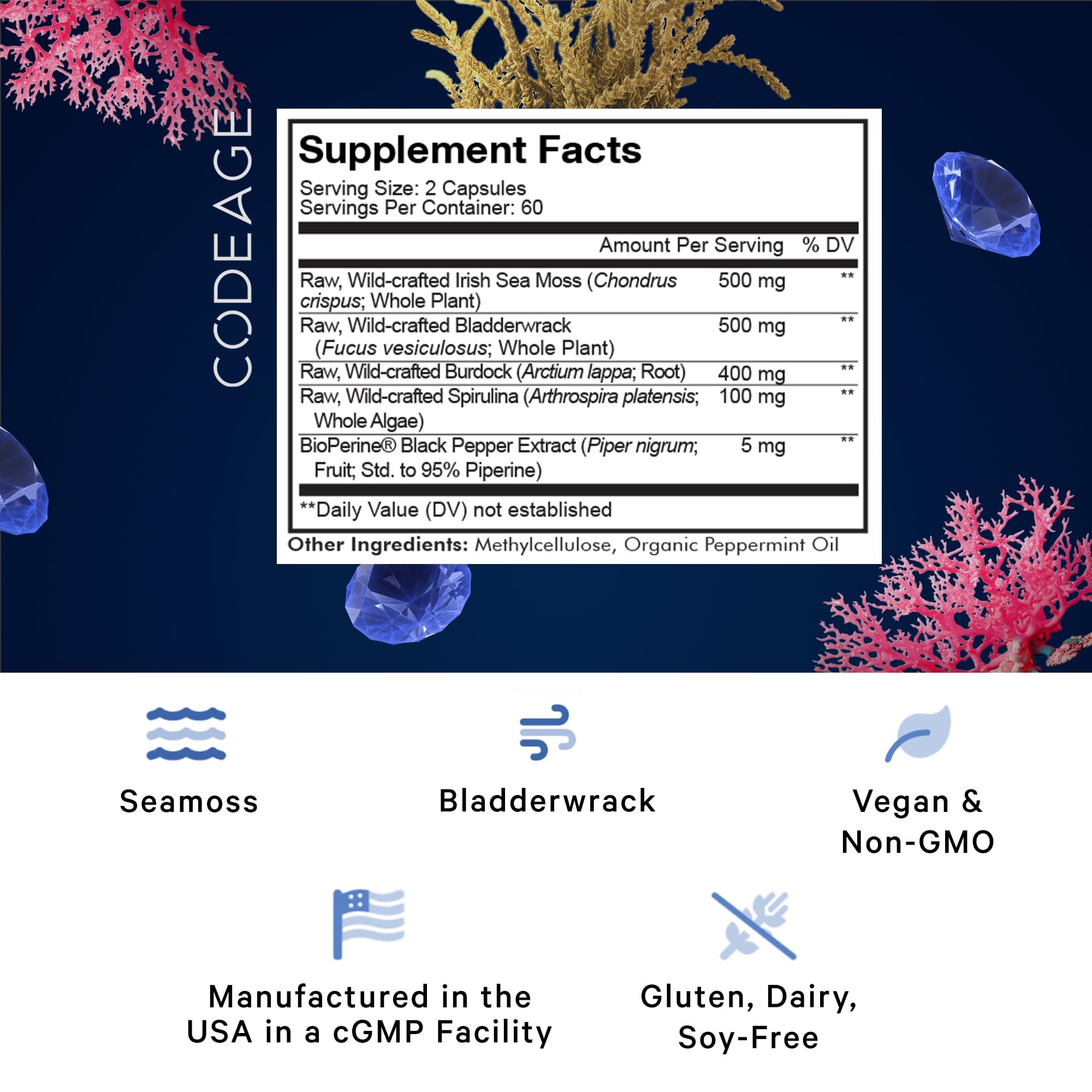 Foto 3 pulgar | Suplemento Codeage Raw Wildcrafted Irish Sea Moss 120 Cápsulas - Venta Internacional.