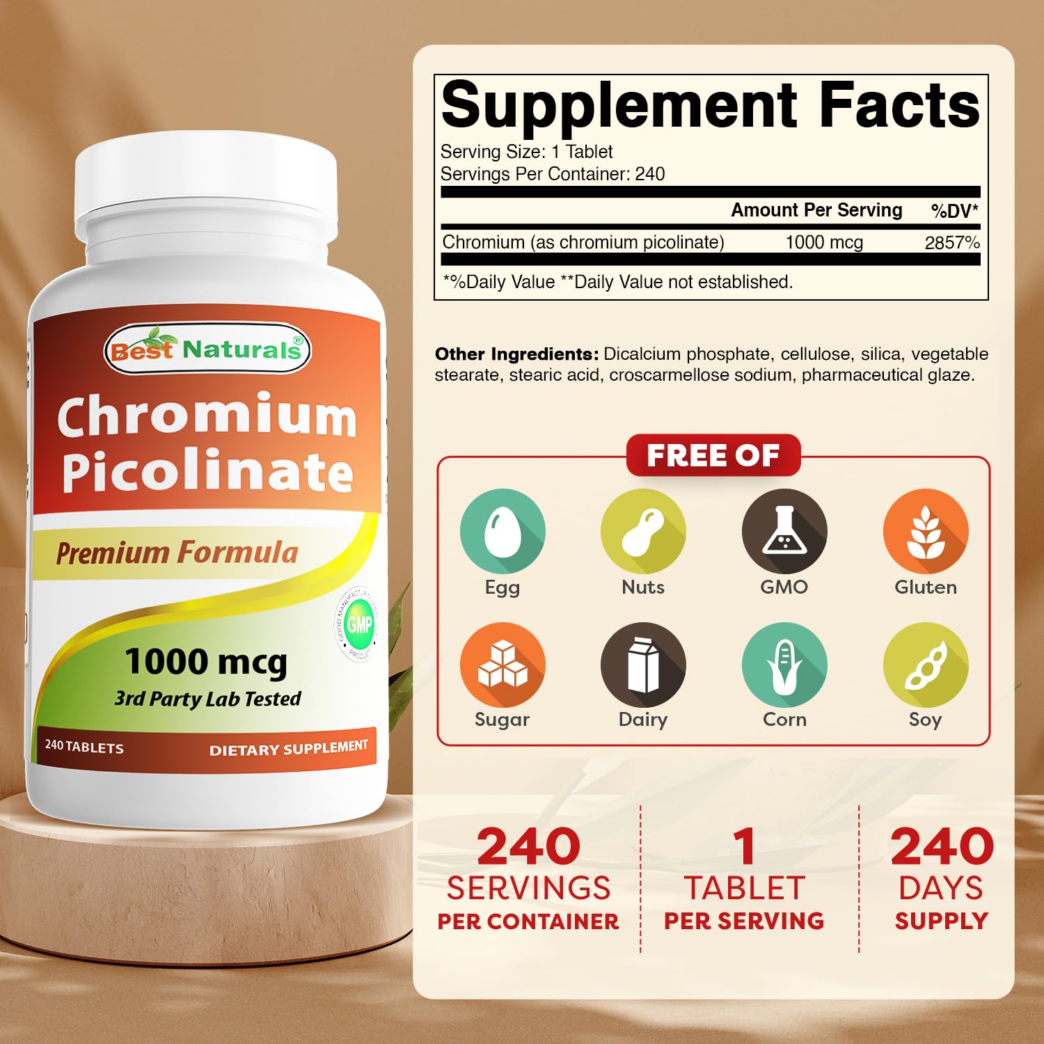 Foto 3 pulgar | Suplemento Best Naturals Picolinato de Cromo 1000 MCG 240 Tabletas - Venta Internacional