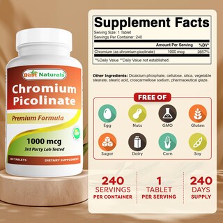 Foto 2 | Suplemento Best Naturals Picolinato de Cromo 1000 MCG 240 Tabletas - Venta Internacional