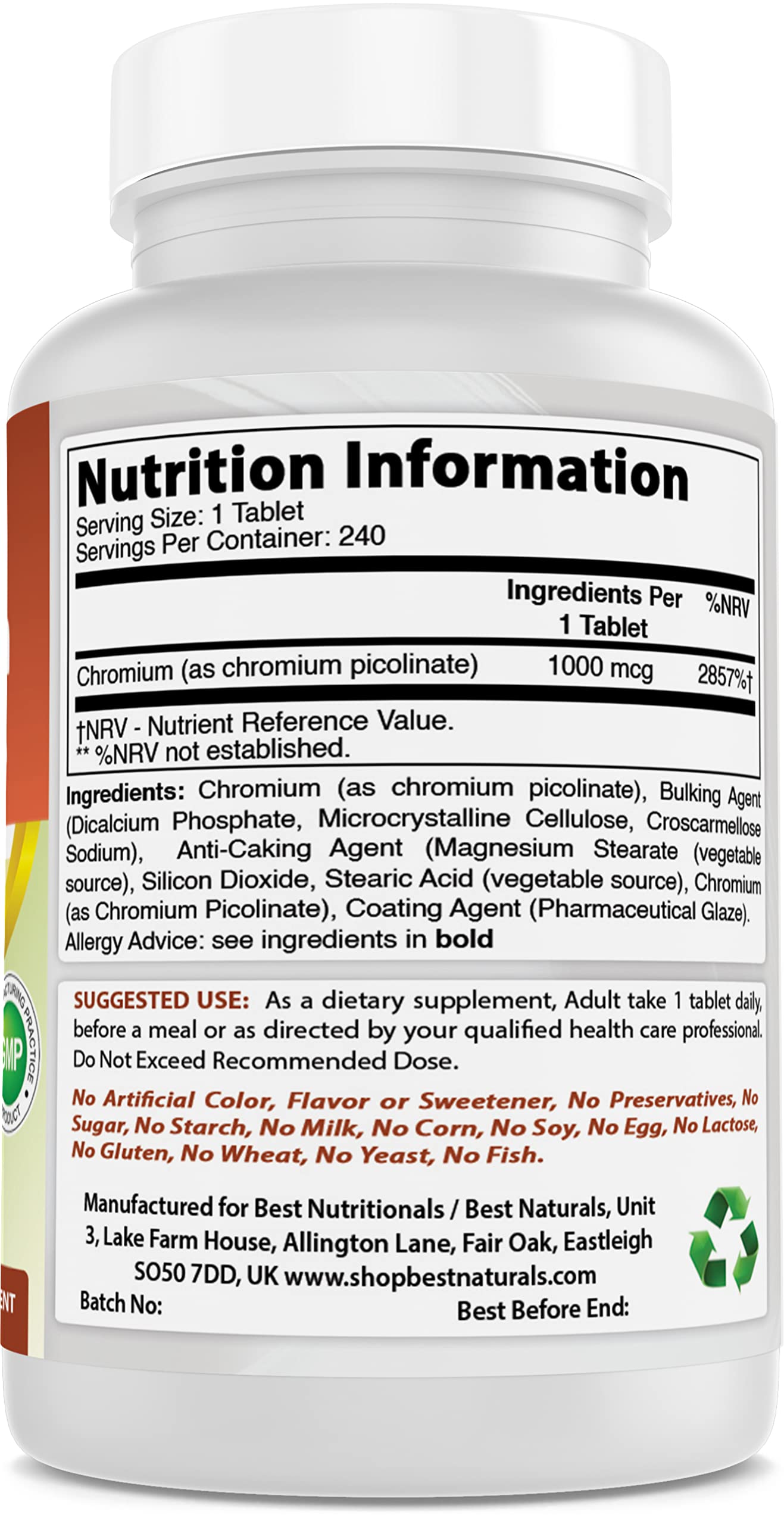 Foto 8 pulgar | Suplemento Best Naturals Picolinato de Cromo 1000 MCG 240 Tabletas - Venta Internacional