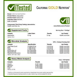 Foto 4 | Suplemento De Astaxantina California Gold Nutrition, 12 Mg, 30 Cápsulas Blandas - Venta Internacional.
