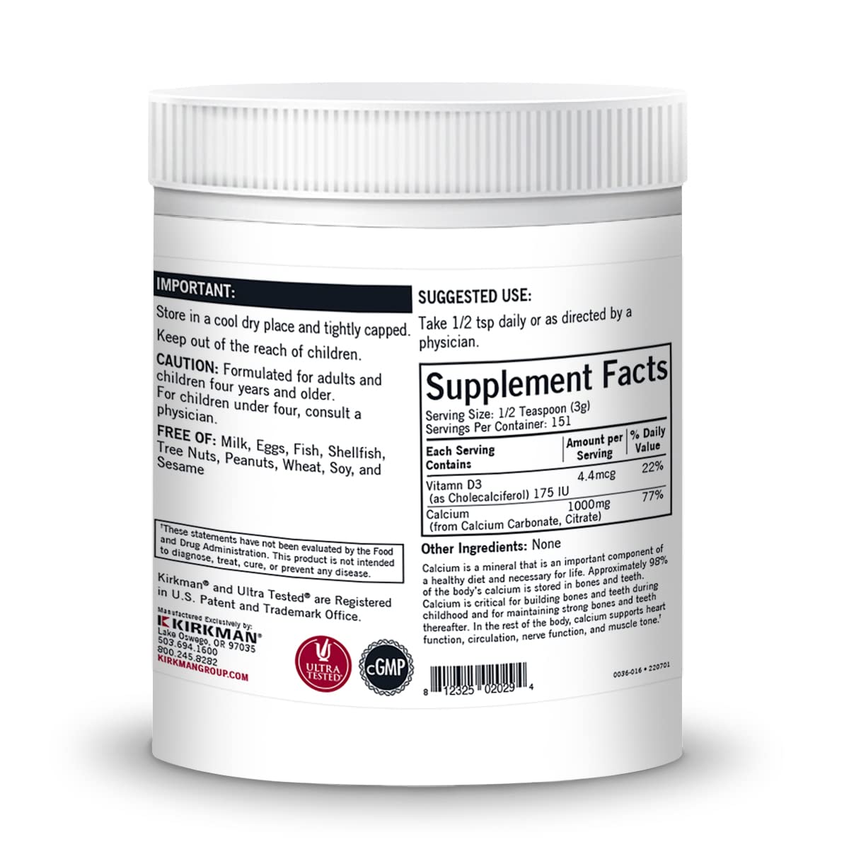 Foto 3 pulgar | Suplemento De Calcio Kirkman Purest Con Vitamina D-3 454 G - Venta Internacional.