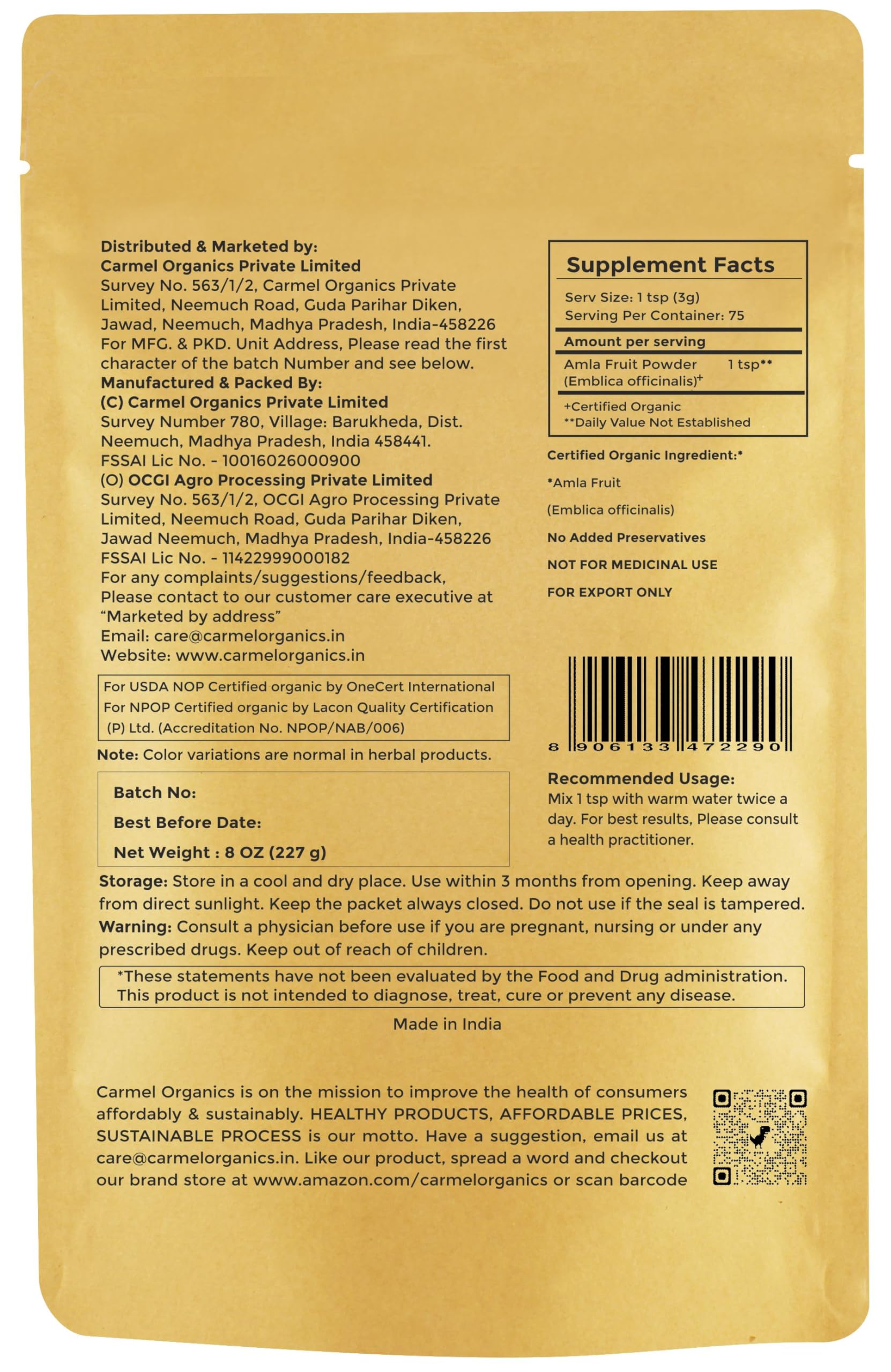 Foto 3 pulgar | Suplemento en Polvo Carmel Organics Amla Powder de 227 g-Venta Internacional