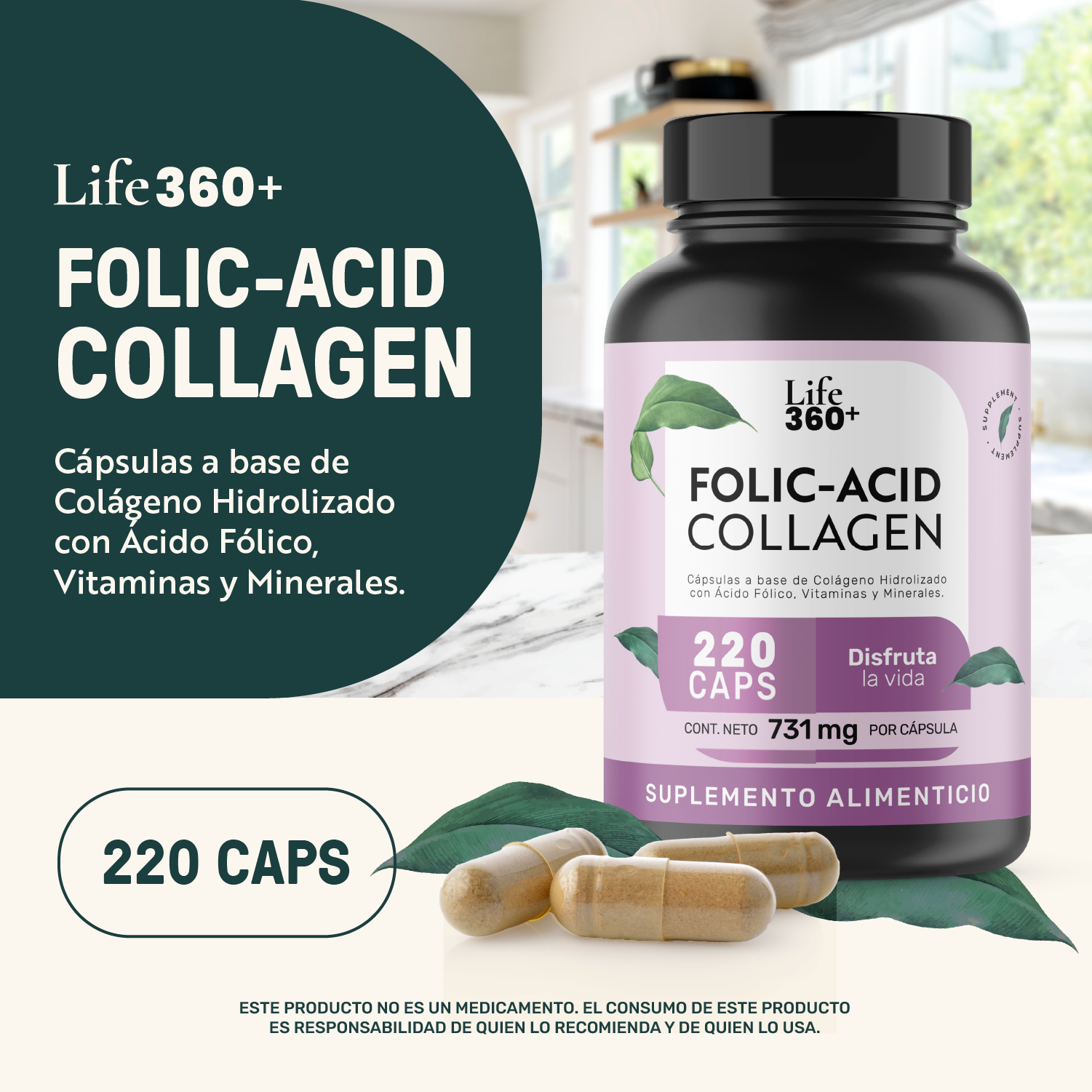 Foto 5 pulgar | Life360+ Folic Acid Collagen 220 Caps Colágeno Ácido Fólico
