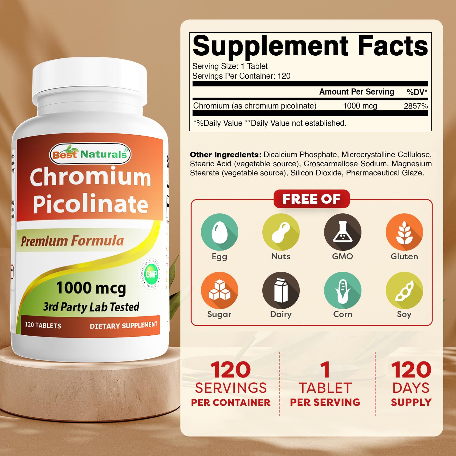 Foto 3 pulgar | Suplemento Best Naturals Picolinato de Cromo 1000 mcg 120 Tabletas - Venta Internacional