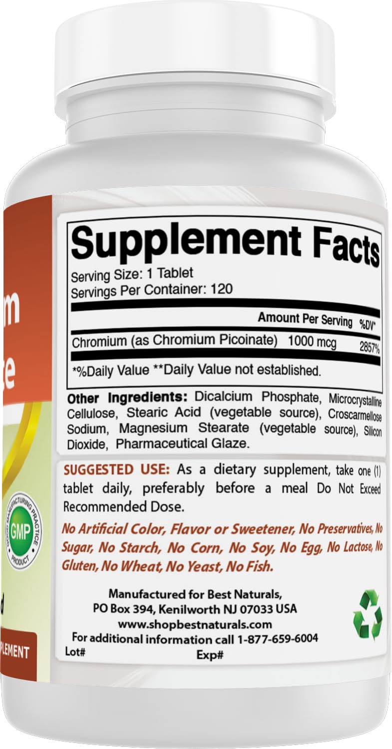 Foto 7 pulgar | Suplemento Best Naturals Picolinato de Cromo 1000 mcg 120 Tabletas - Venta Internacional