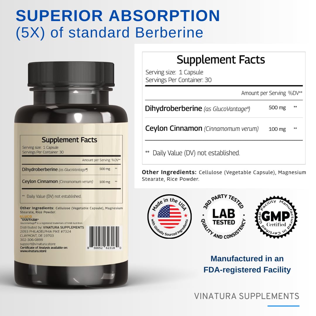 Foto 3 pulgar | Suplemento Vinatura De Dihidroberberina 500 Mg Con Canela De Ceilán - Venta Internacional.