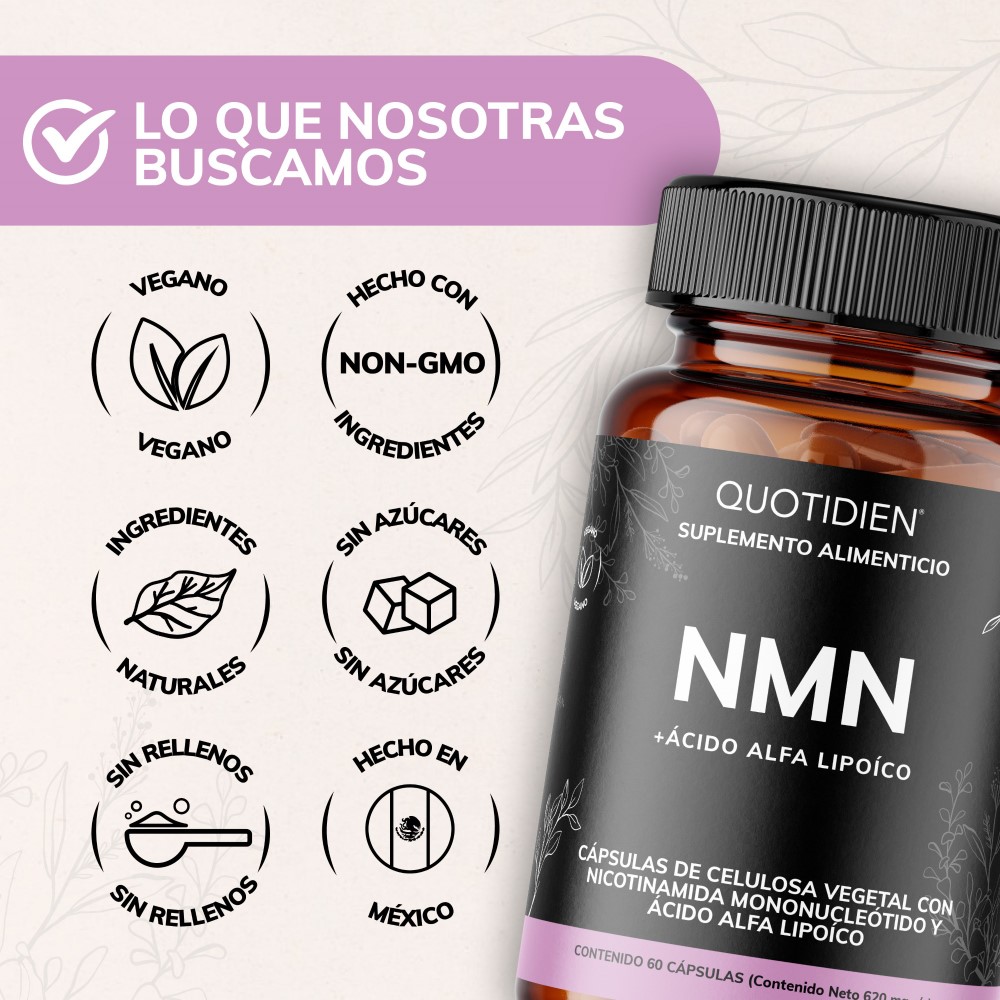 Foto 7 pulgar | Suplemento Alimenticio Nmn Acido Alfa Lipoico Glicinato De Magnesio Quotidien 60 Cápsulas