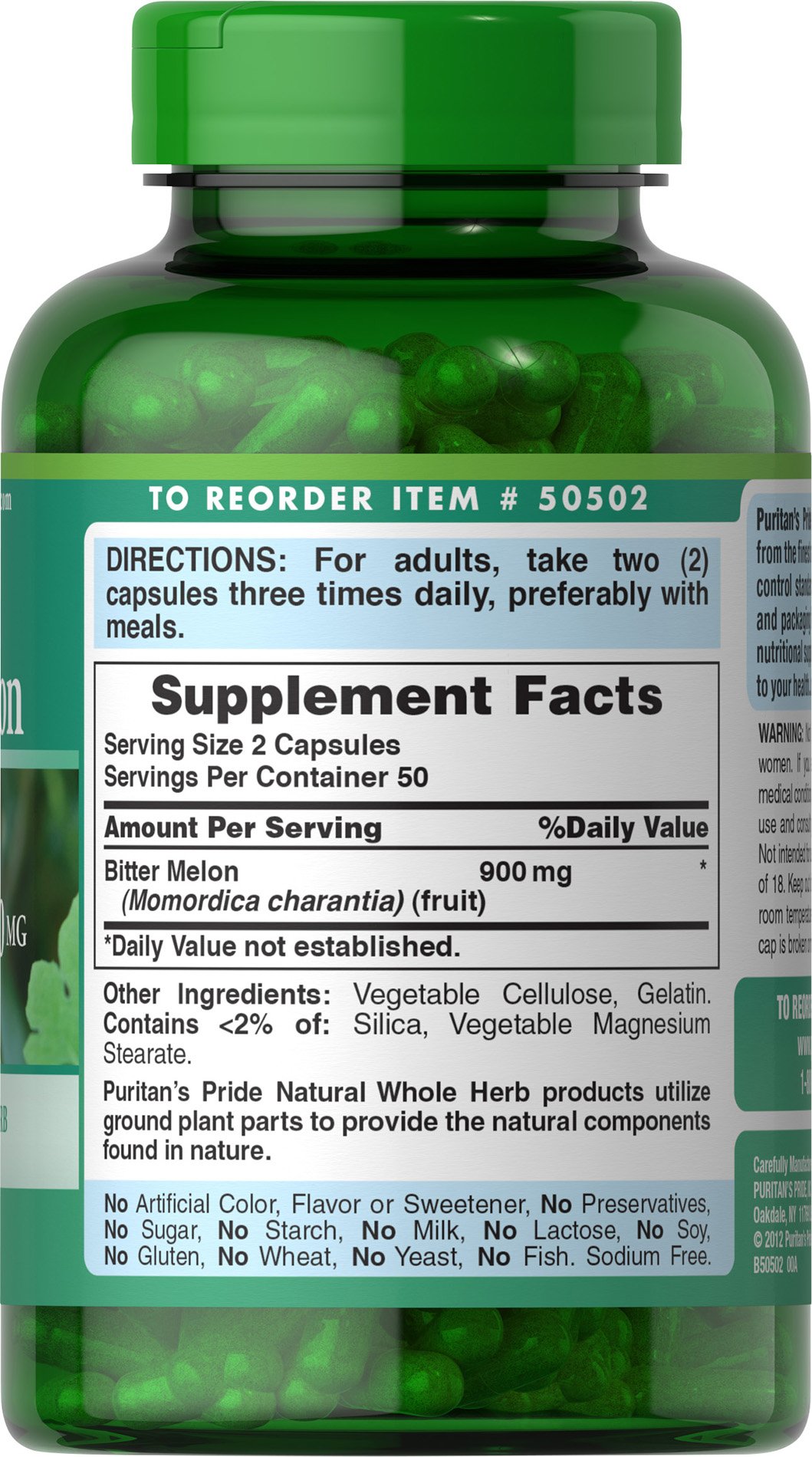 Foto 4 pulgar | Suplemento Puritan's Pride Bitter Melon 450 Mg 100 Cápsulas - Venta Internacional.