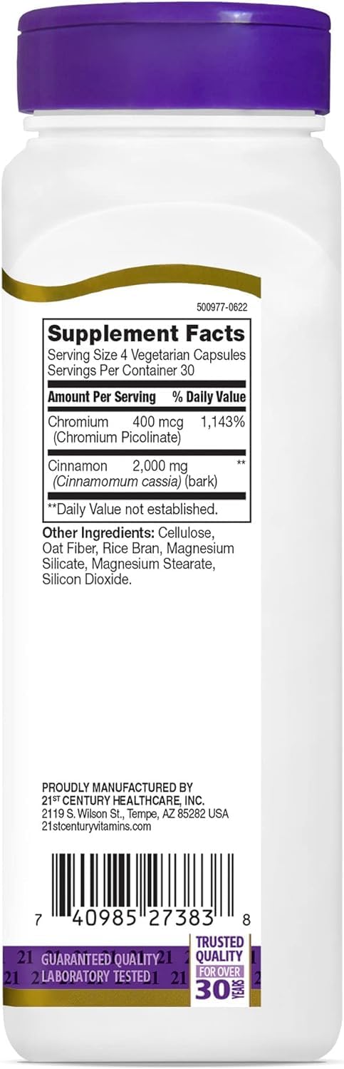 Foto 6 pulgar | Suplemento 21st Century Cinnamon 2000 Mg Con Cromo 120 Cápsulas - Venta Internacional.
