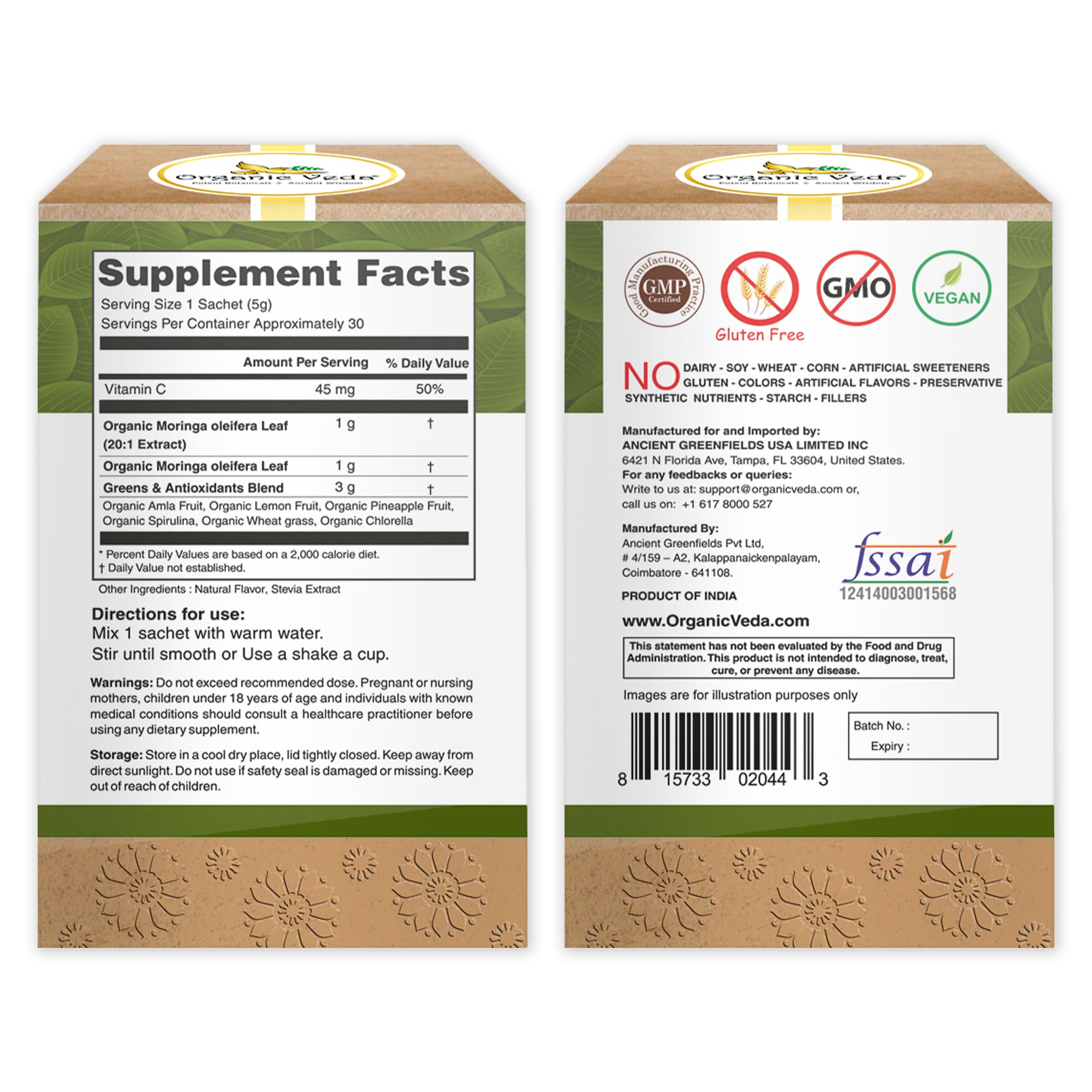 Foto 3 pulgar | Super Greens Powder Organic Veda Moringa 30 Sobres - Venta Internacional.