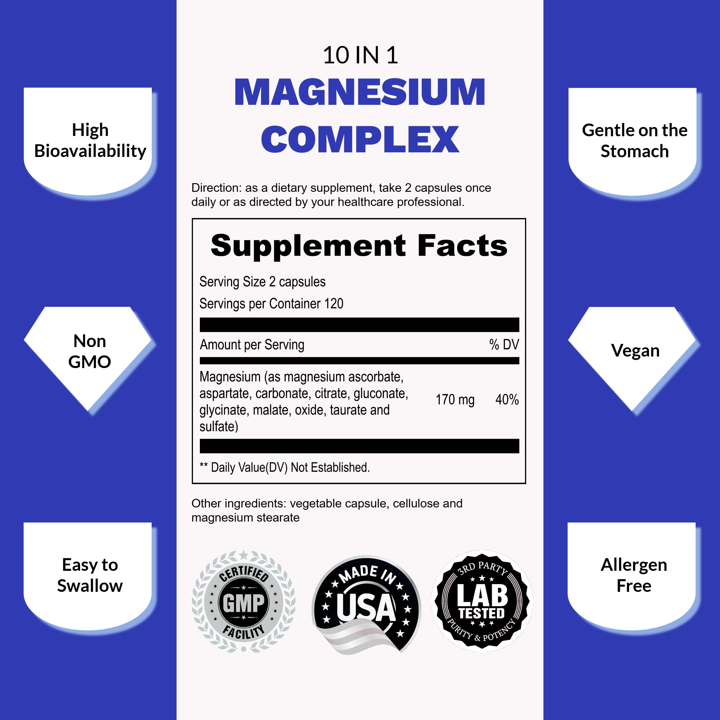 Foto 6 | Suplemento De Magnesio Upnourish, Complejo 10 En 1, 240 Cápsulas - Venta Internacional.