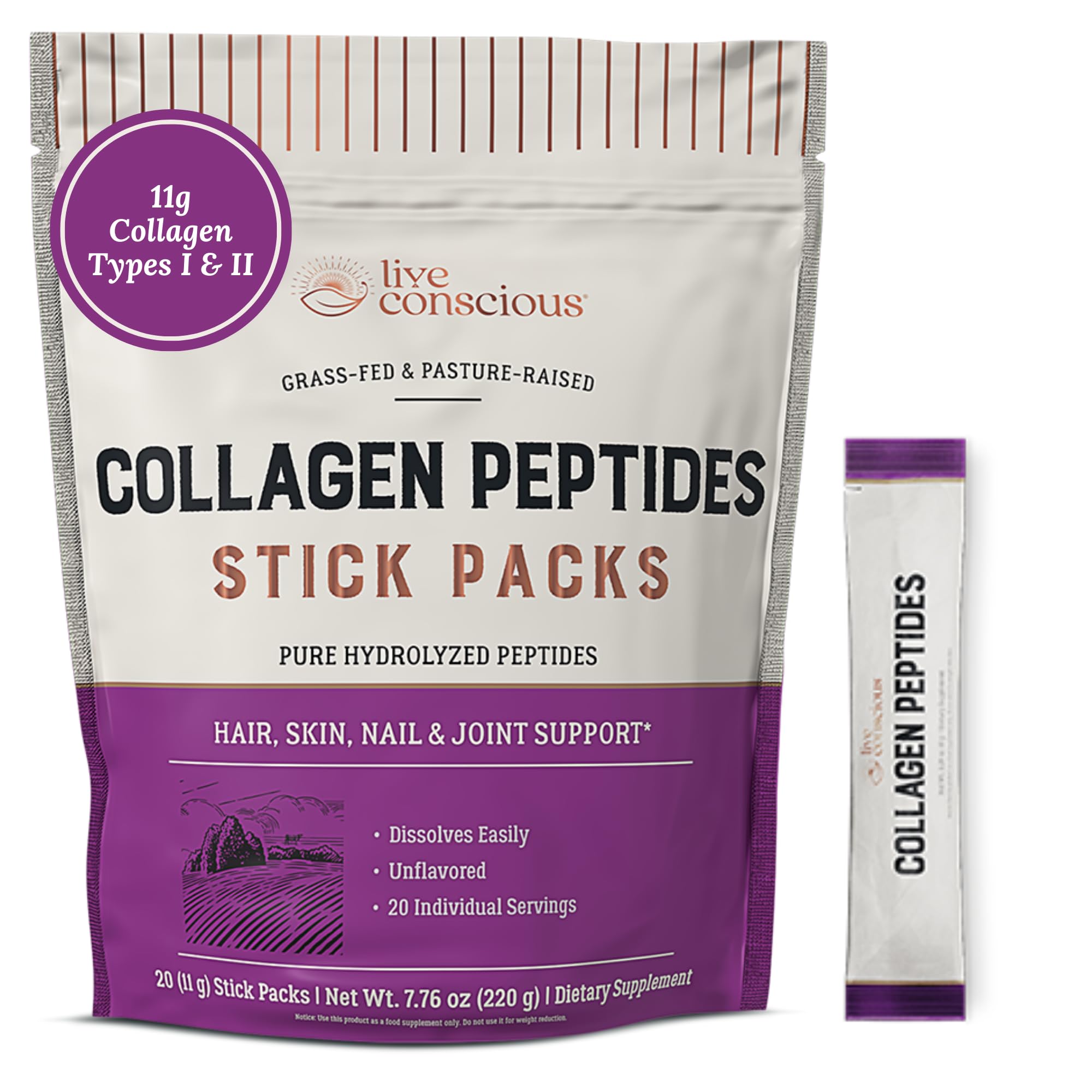 Péptidos De Colágeno En Polvo Live Conscious Sin Sabor, Paquete De 20 - Venta Internacional.