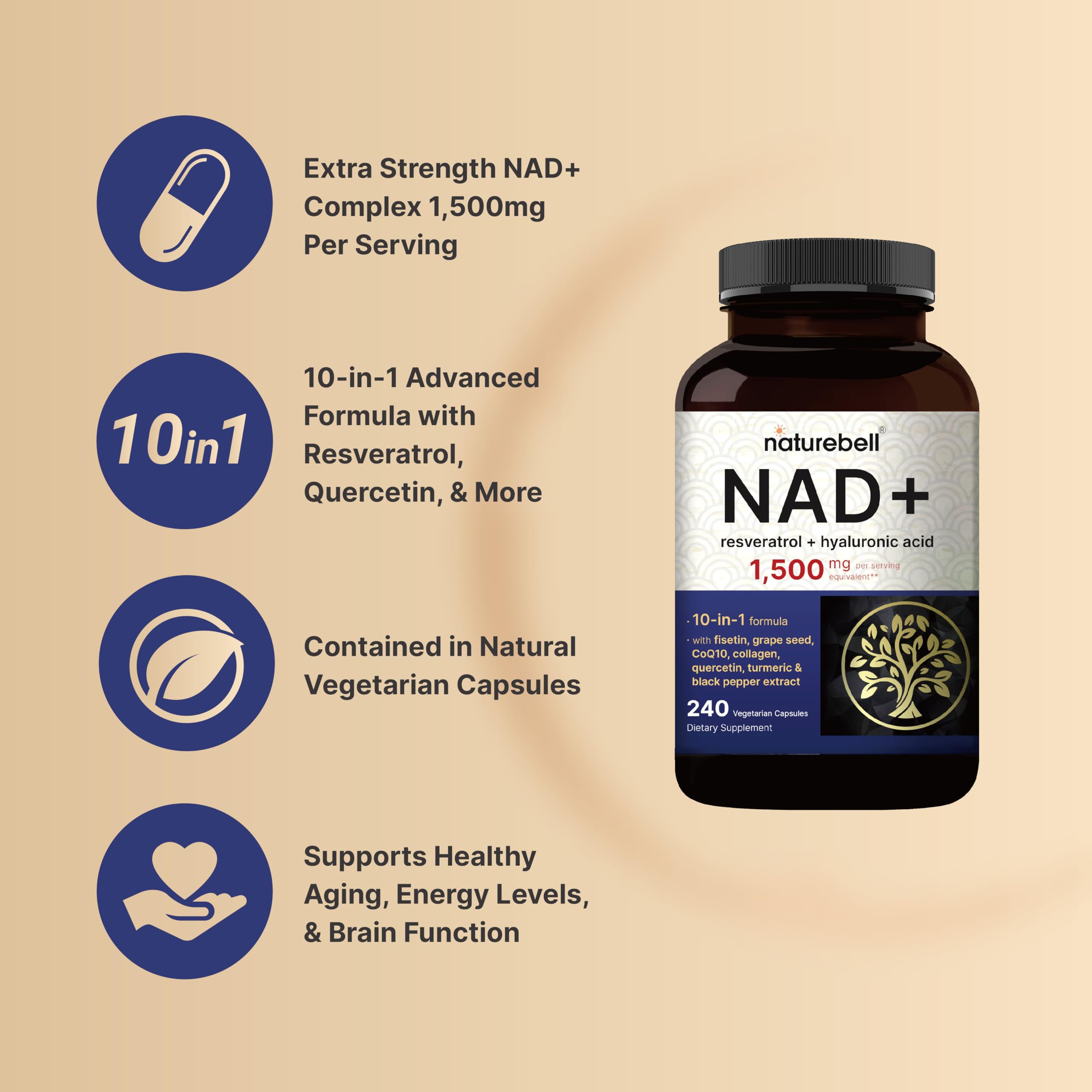 Foto 4 pulgar | Suplemento Naturebell Nad+ 1500 Mg Con Resveratrol 240 Cápsulas - Venta Internacional.