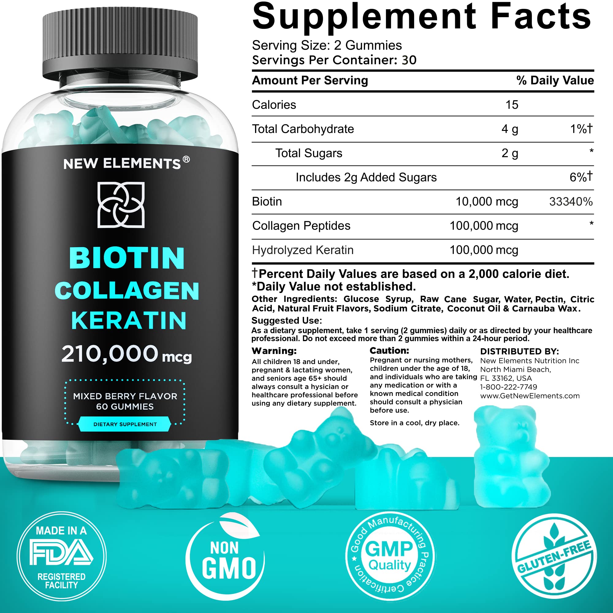 Foto 4 pulgar | Suplemento De Biotina En Gomitas New Elements Para El Crecimiento Del Cabello, 10000 Mcg - Venta Internacional.