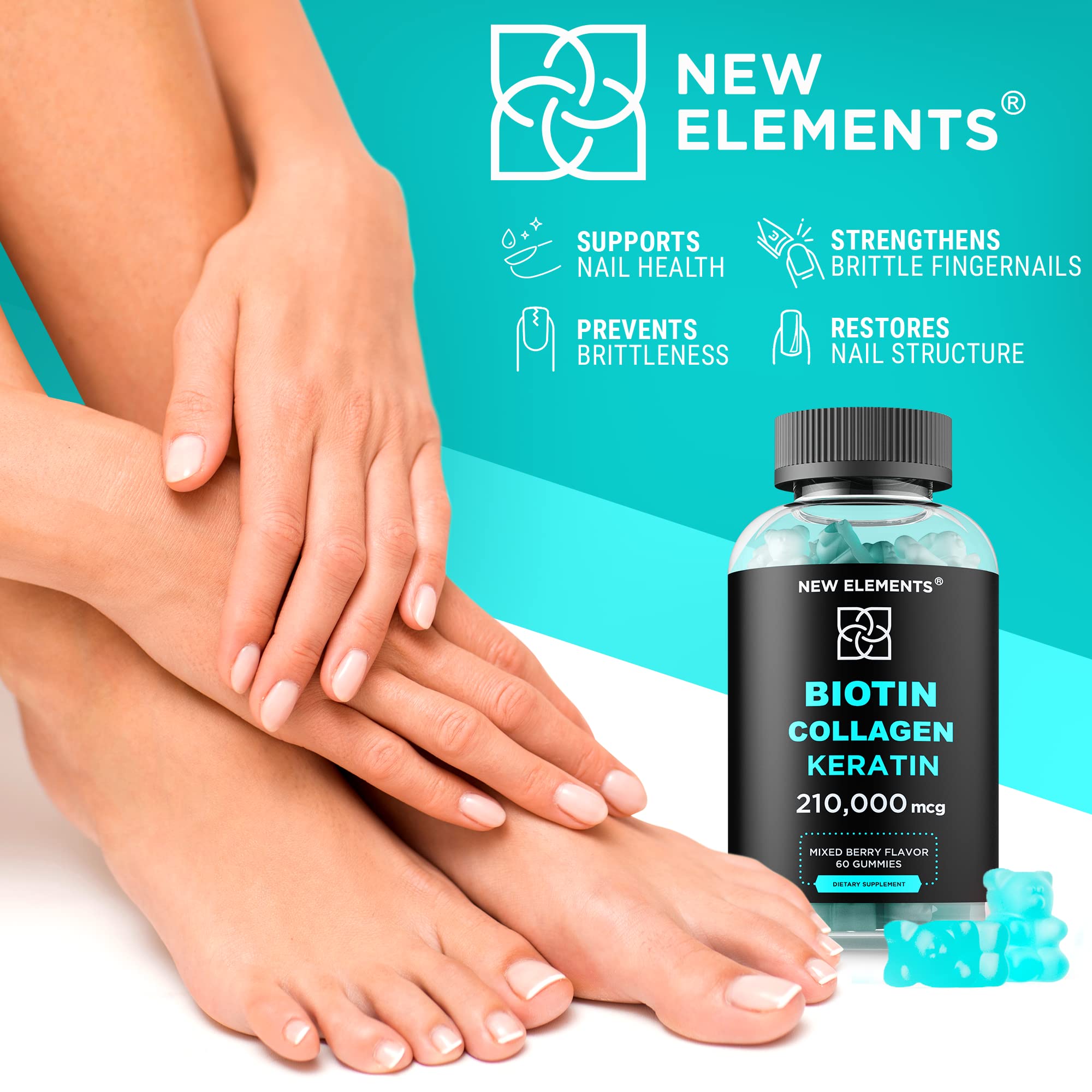 Foto 7 pulgar | Suplemento De Biotina En Gomitas New Elements Para El Crecimiento Del Cabello, 10000 Mcg - Venta Internacional.