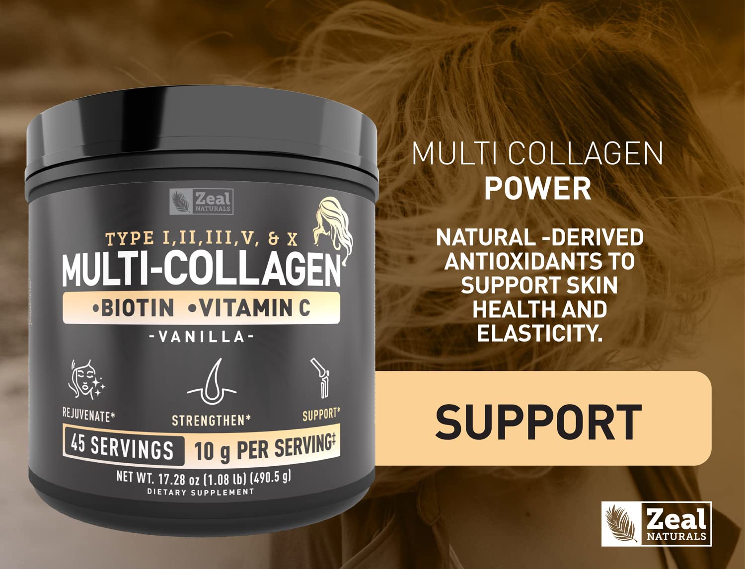 Foto 7 pulgar | Péptidos De Colágeno, Proteína En Polvo, Zeal Naturals, Vainilla, 45 Porciones - Venta Internacional.
