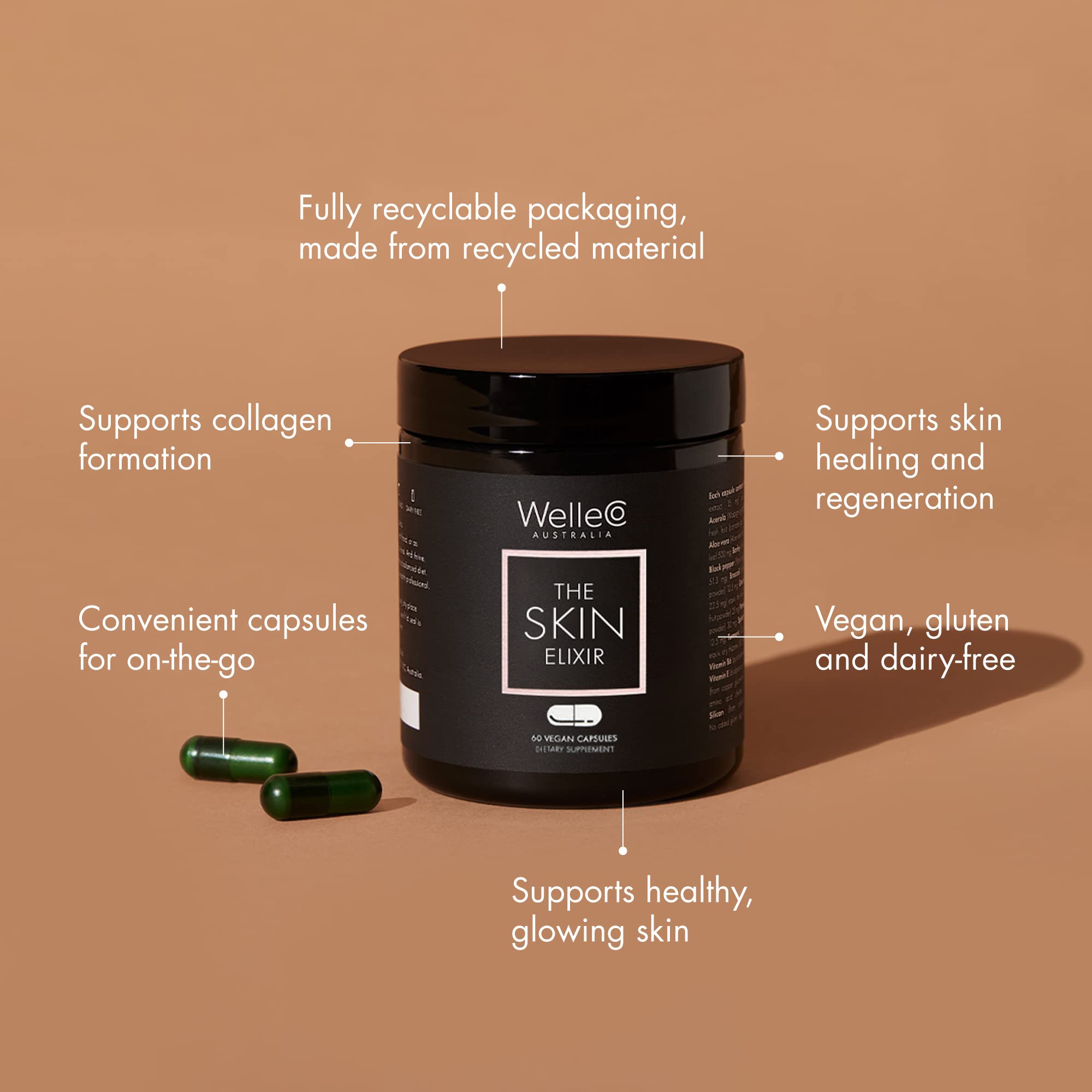 Foto 4 pulgar | Suplemento Welleco The Skin Elixir Greens 60 Cápsulas - Venta Internacional.