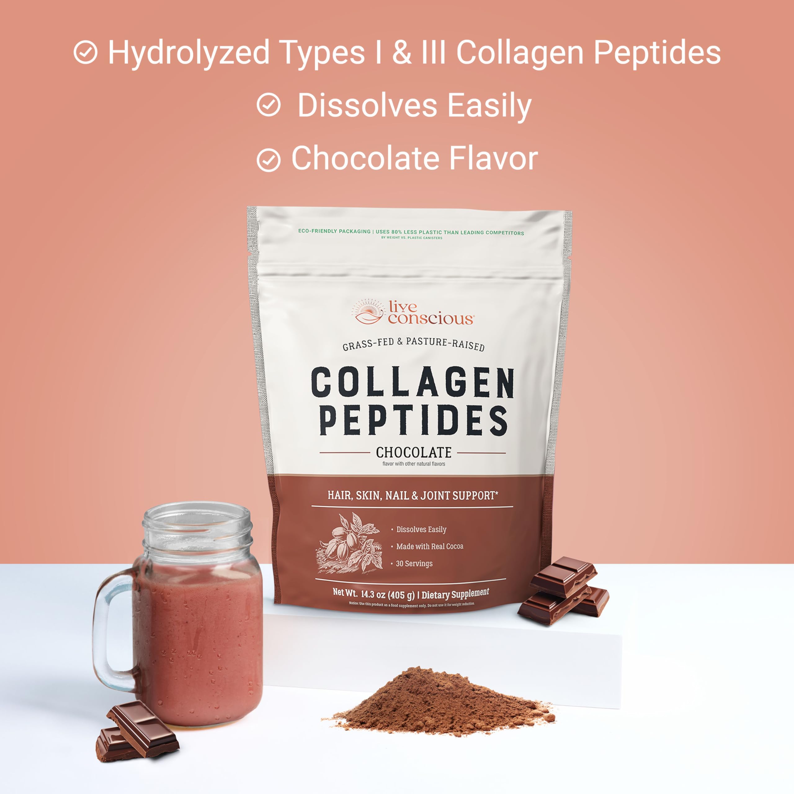 Foto 5 pulgar | Péptidos De Colágeno En Polvo Live Conscious Chocolate 450 Ml - Venta Internacional.