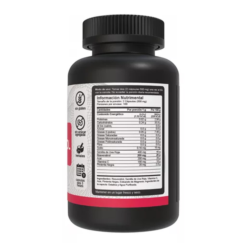 Foto 3 pulgar | Resveratrol 400mg Vnat 200 Capsulas Semilla De Uva Roja Y Acai