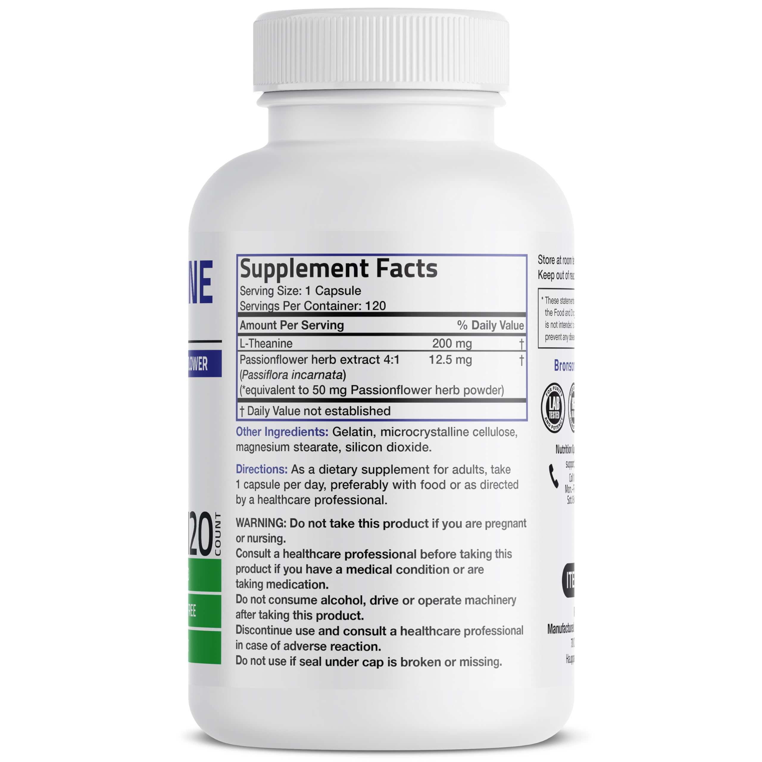 Foto 3 pulgar | Suplemento Bronson L-teanina 200 Mg Con Pasiflora 120 Cápsulas - Venta Internacional