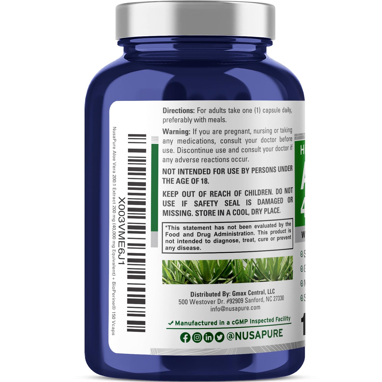 Foto 4 pulgar | Suplemento Nusapure Aloe Vera de 150 Cápsulas-Venta Internacional