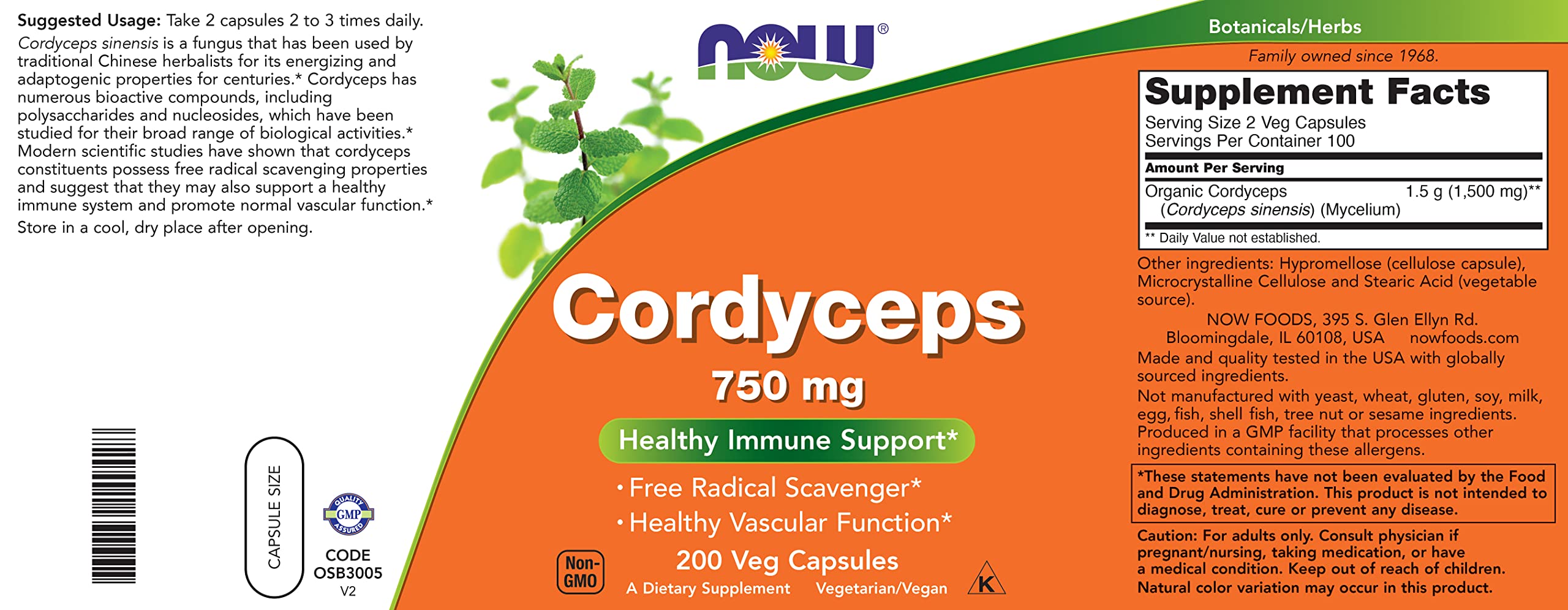 Foto 5 pulgar | Suplemento Orgánico de Cordyceps Now Foods 750 mg 200 Cápsulas Vegetales - Venta Internacional