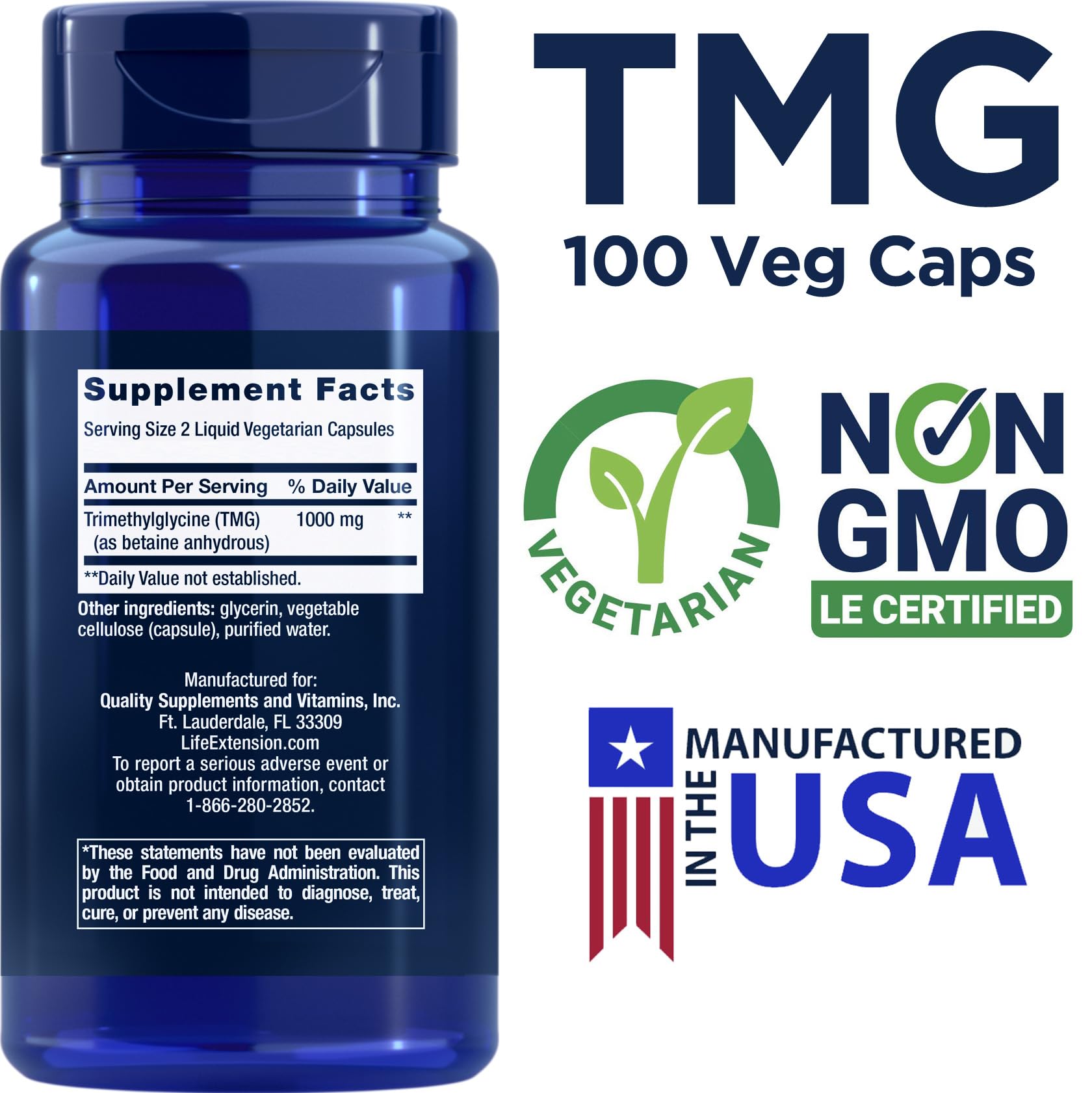 Foto 3 pulgar | Suplemento Life Extension TMG 500 mg 2 Frascos con 100 Cápsulas Vegetarianas Líquidas C/U - Venta Internacional