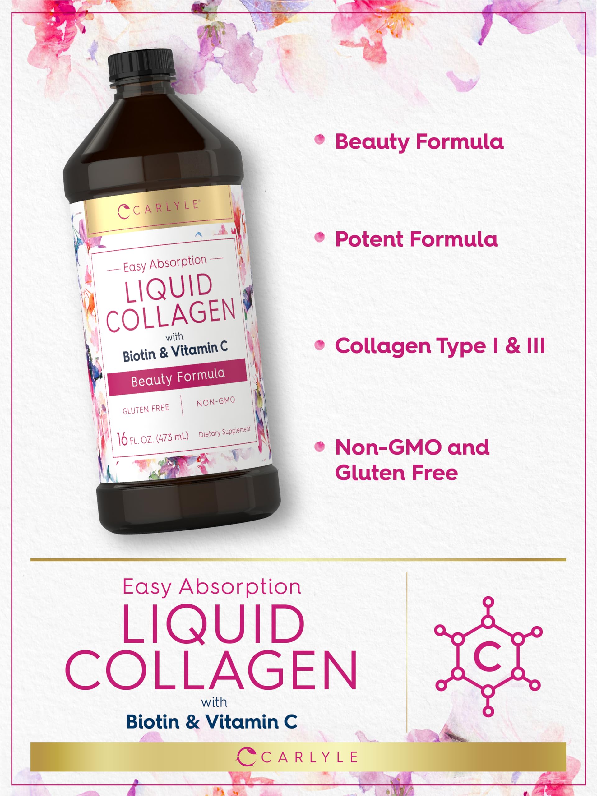 Foto 5 pulgar | Suplemento de Colágeno Líquido Carlyle con Biotina 473 Ml - Venta Internacional