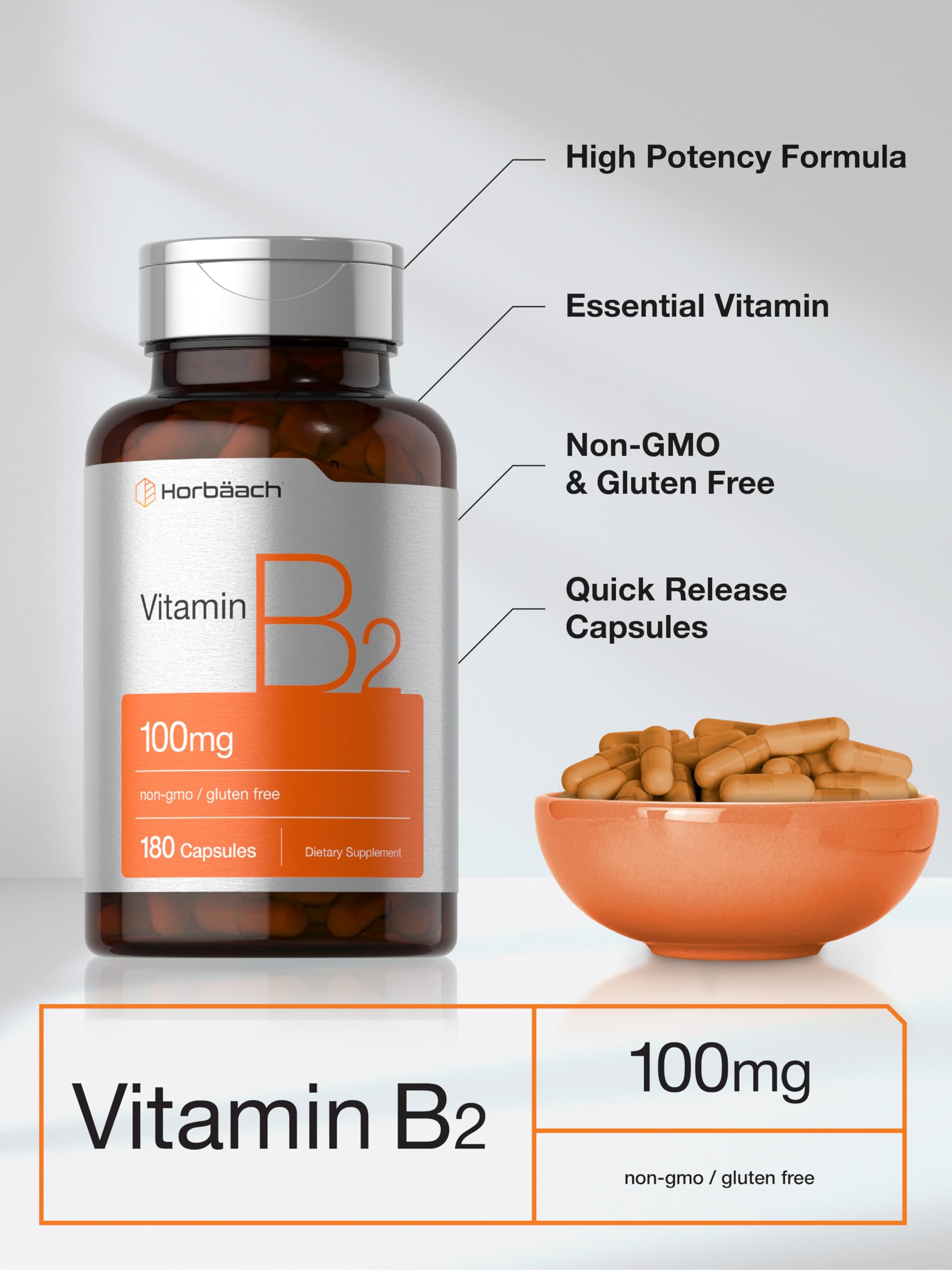 Foto 5 pulgar | Suplemento Horbäach De Vitamina B-2 100 Mg 180 Cápsulas - Venta Internacional.
