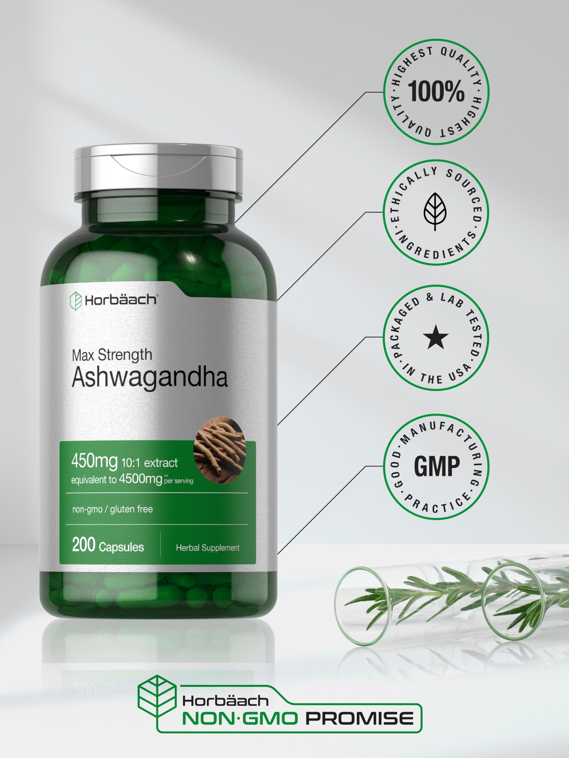 Foto 7 pulgar | Suplemento Horbäach Ashwagandha Max Strength 200 Cápsulas - Venta Internacional.