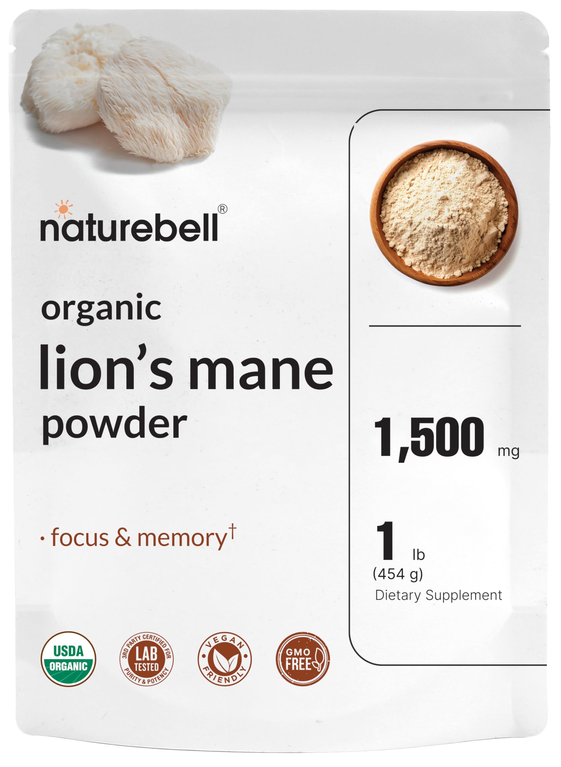 Polvo Orgánico De Melena De León De Supplement Naturebell, 1,5 G, 1 Libra - Venta Internacional.