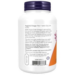 Foto 3 | Suplementos Now Foods Vinagre De Sidra De Manzana 750 Mg 180 Comprimidos - Venta Internacional.