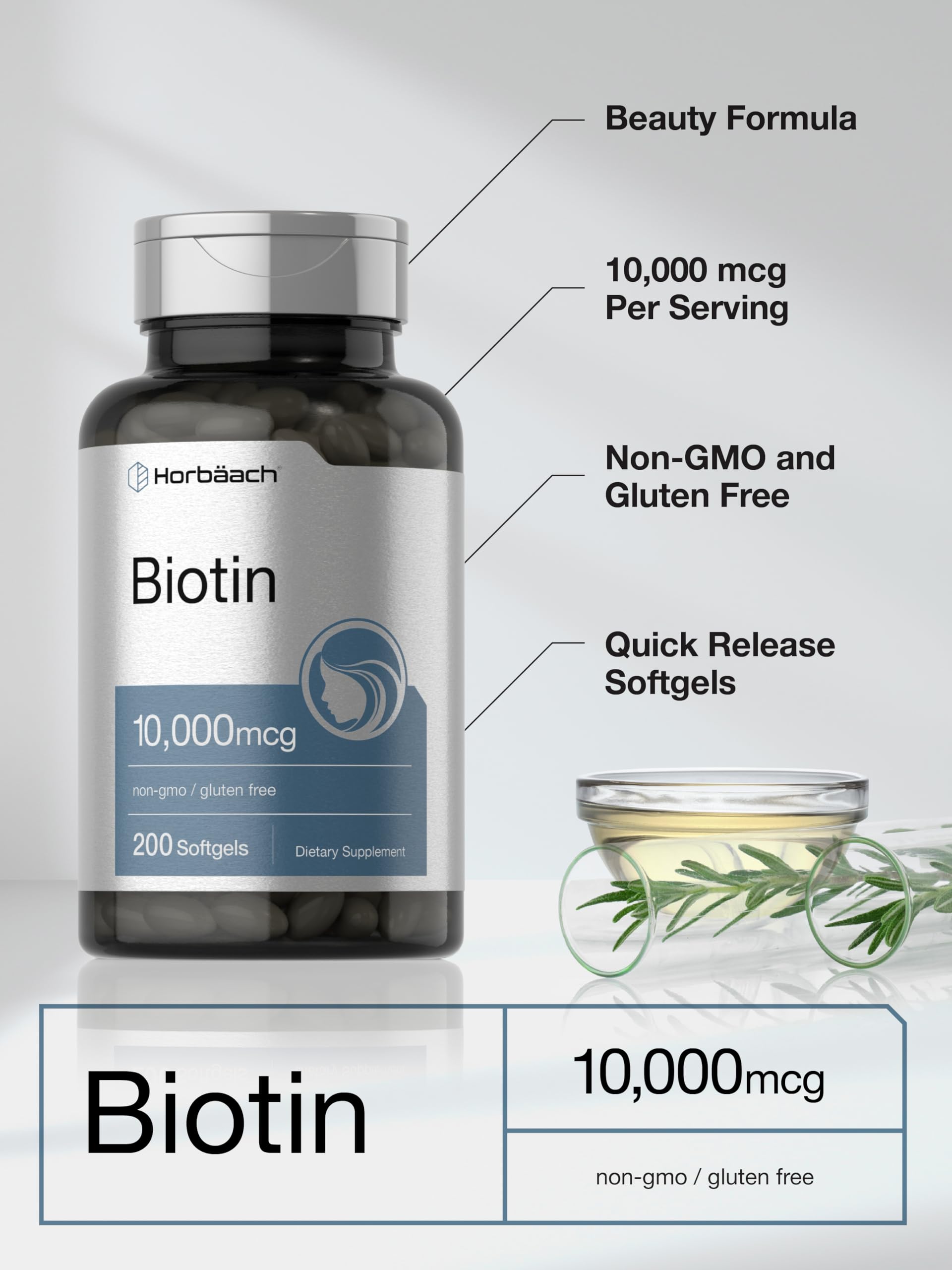 Foto 5 pulgar | Suplemento Horbaach Biotina De 10000 Mcg De Vitamina B7, 200 Cápsulas Blandas - Venta Internacional.