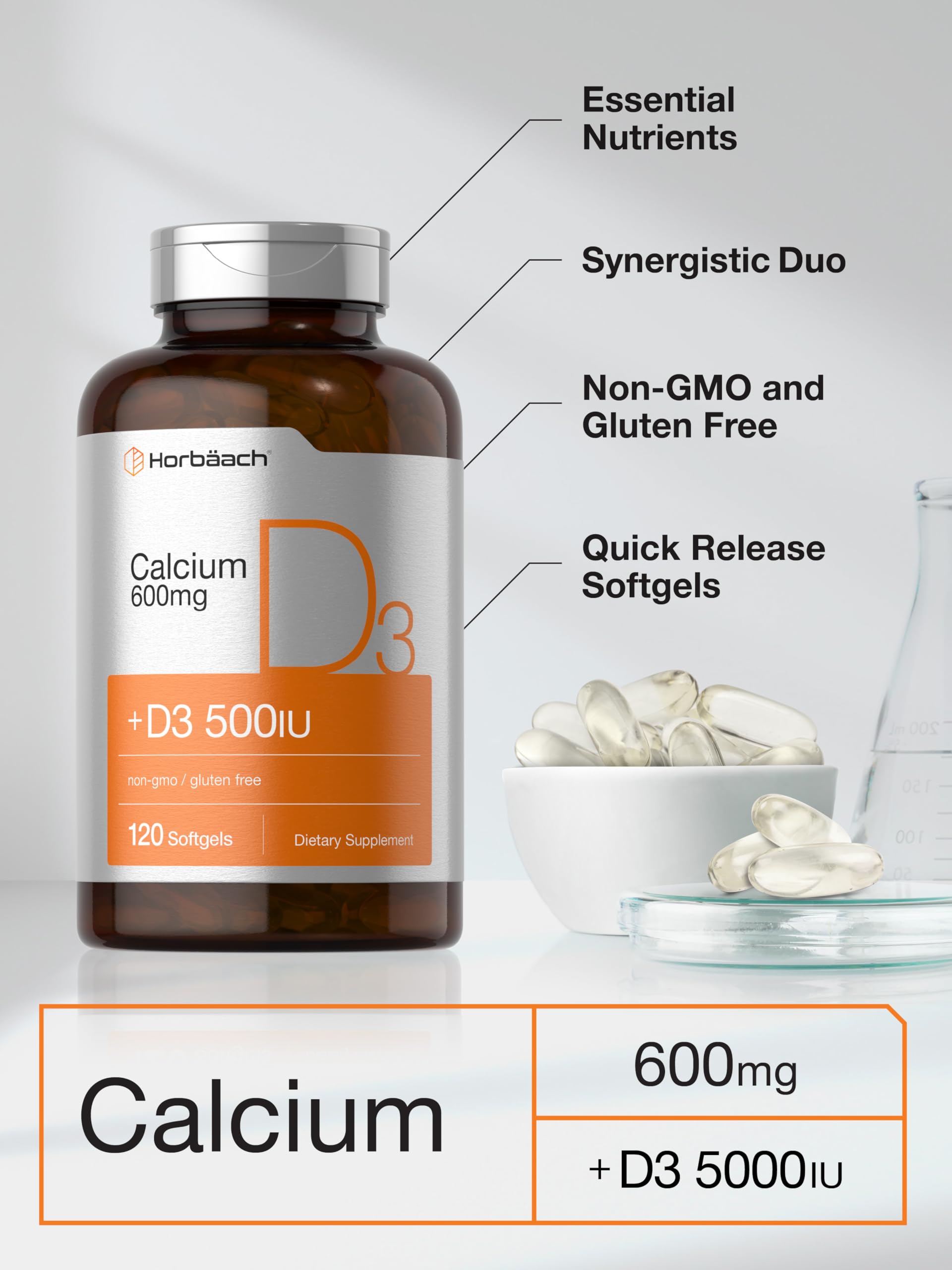 Foto 5 pulgar | Suplemento De Calcio Horbäach 600 Mg Con Vitamina D3 120 Cápsulas Blandas - Venta Internacional.