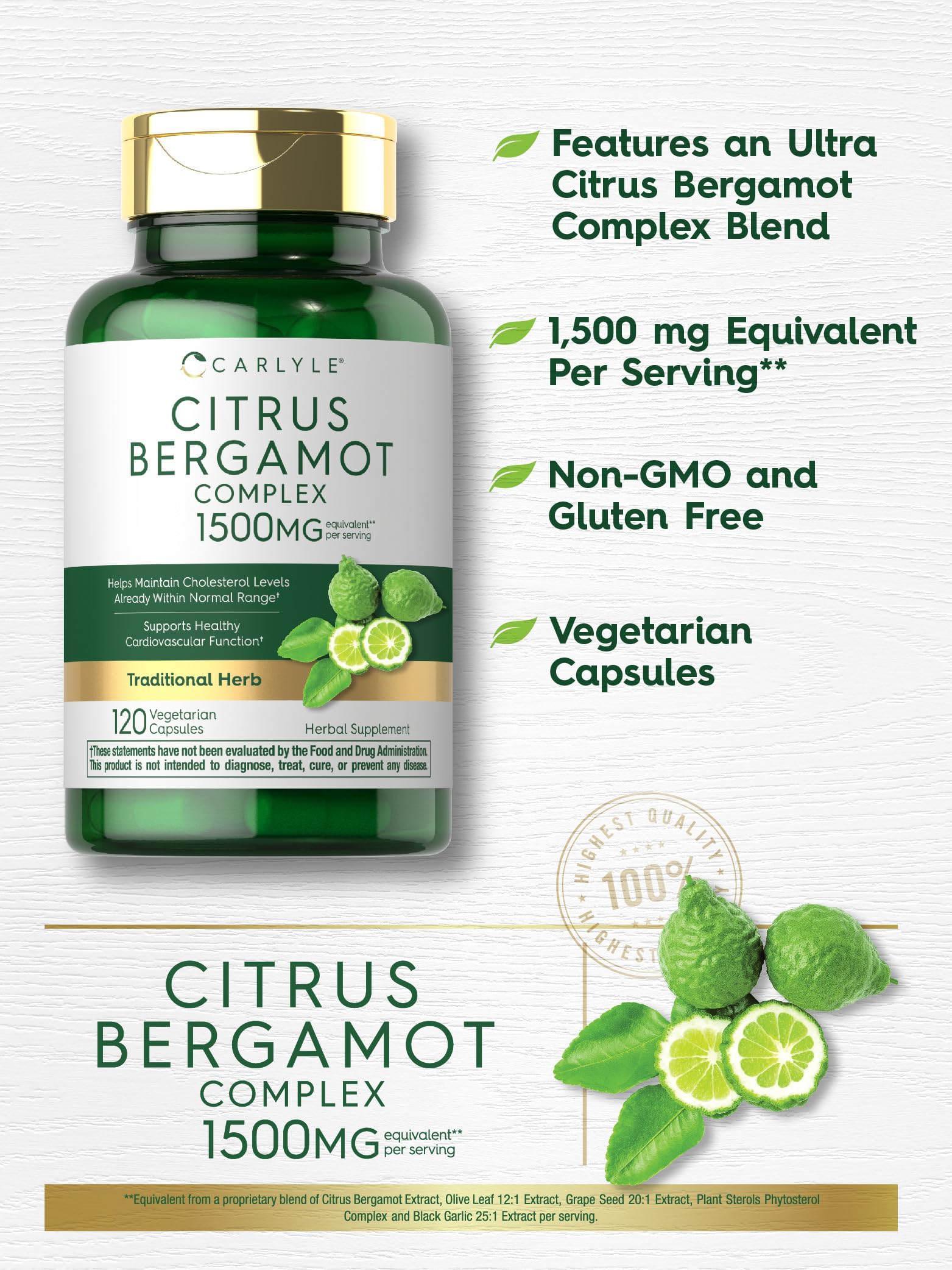 Foto 5 pulgar | Suplemento Carlyle Citrus Bergamot Complex 1500 Mg 120 Cápsulas - Venta Internacional.