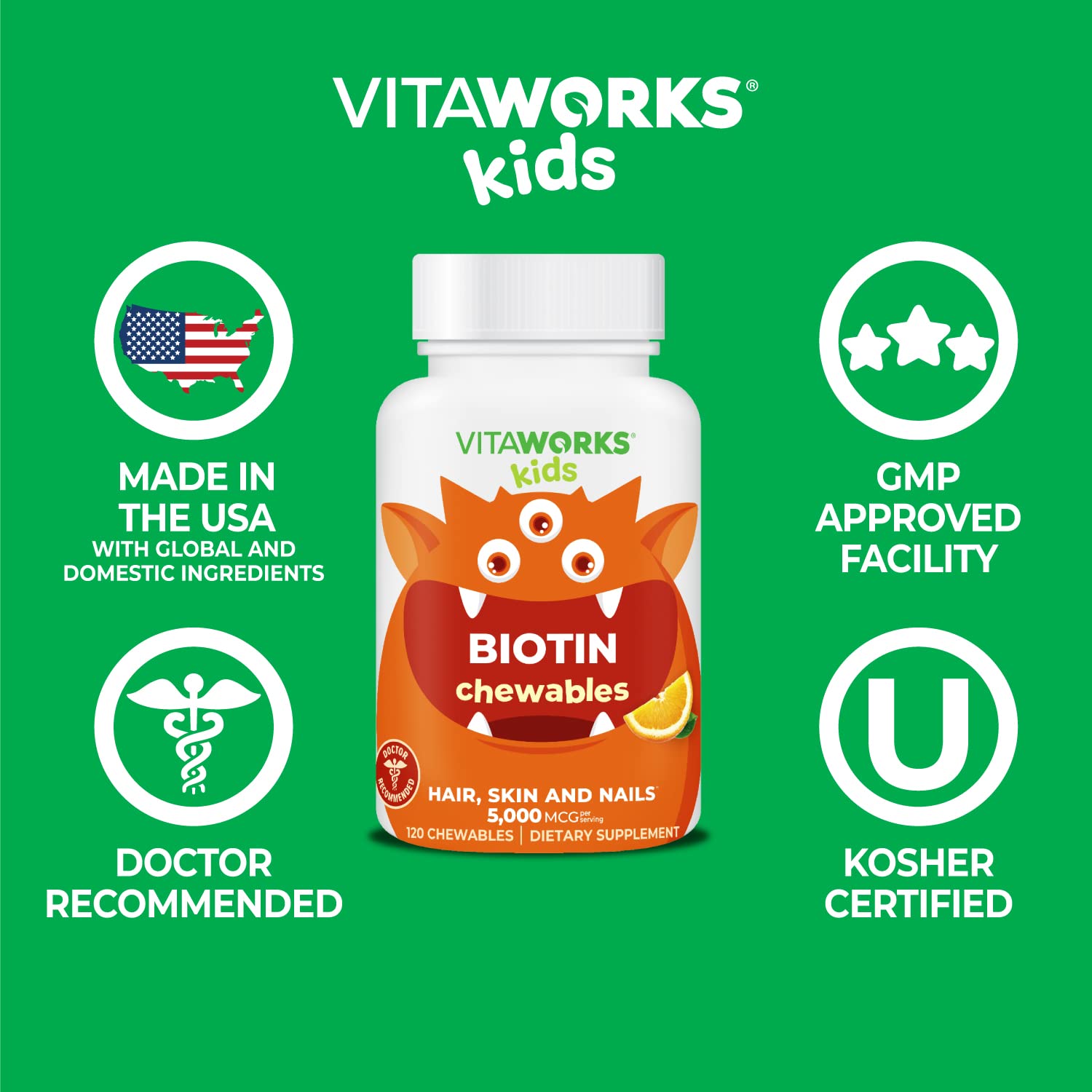 Foto 7 pulgar | Suplemento Vitaworks Kids Biotina En Tabletas Masticables De 5000 Mcg - Venta Internacional.