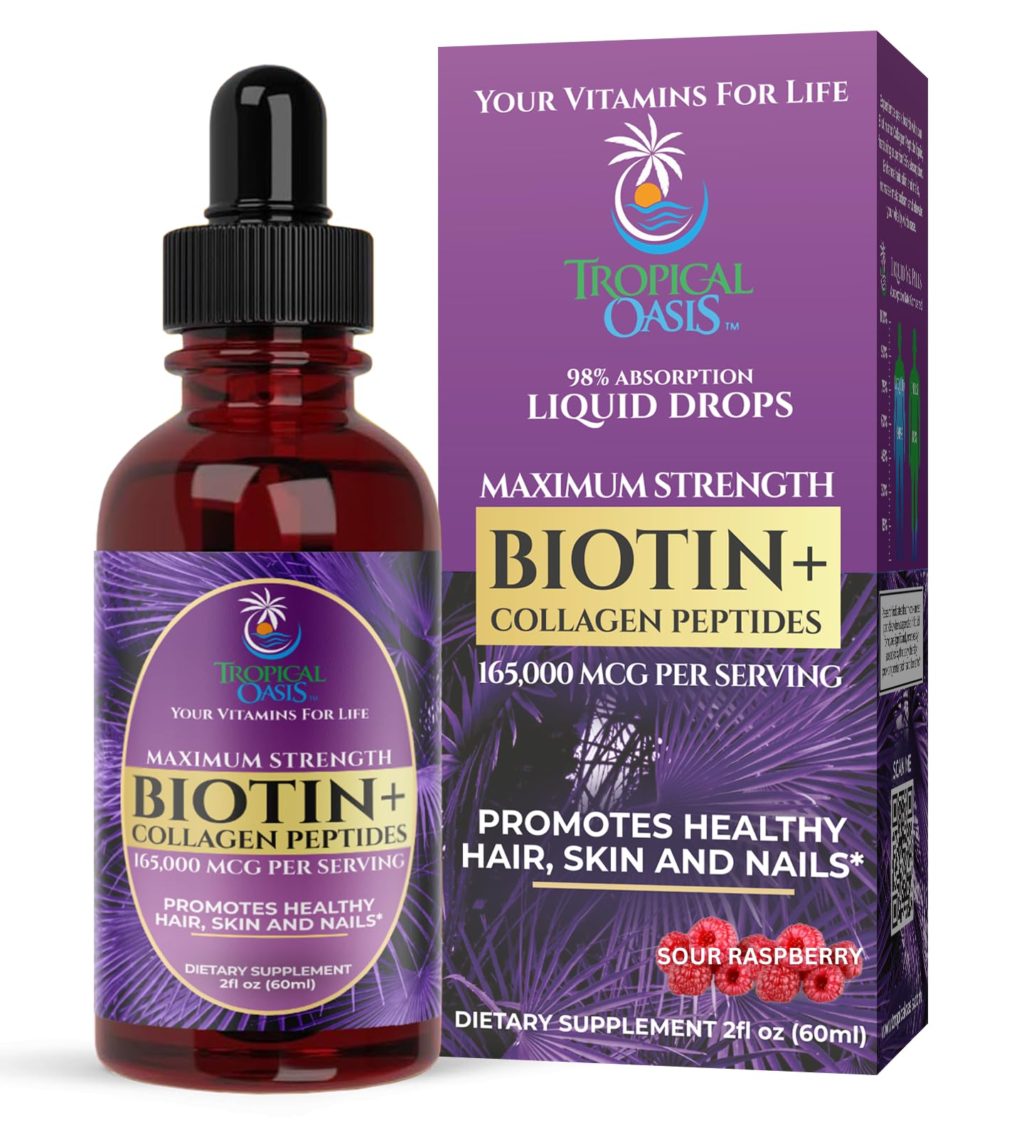 Suplemento Tropical Oasis Biotina + Colágeno 165,000 Mcg - Venta Internacional.