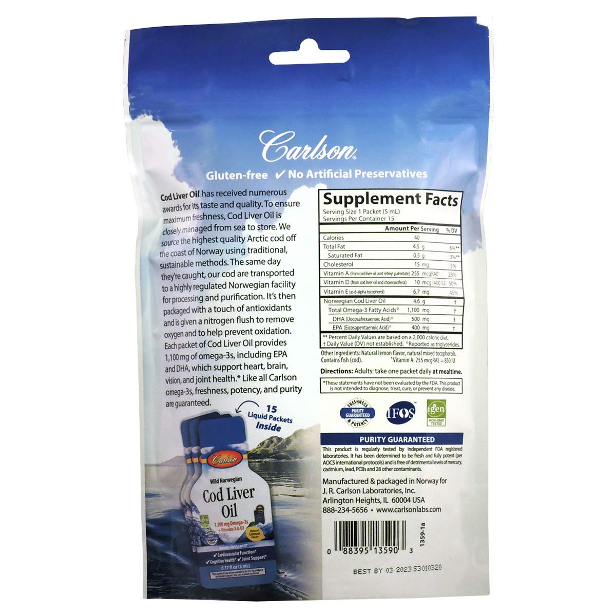 Foto 4 pulgar | Aceite De Hígado De Bacalao Carlson Grab + Go, Paquetes De 15 X 5 Ml De Omega-3 - Venta Internacional.