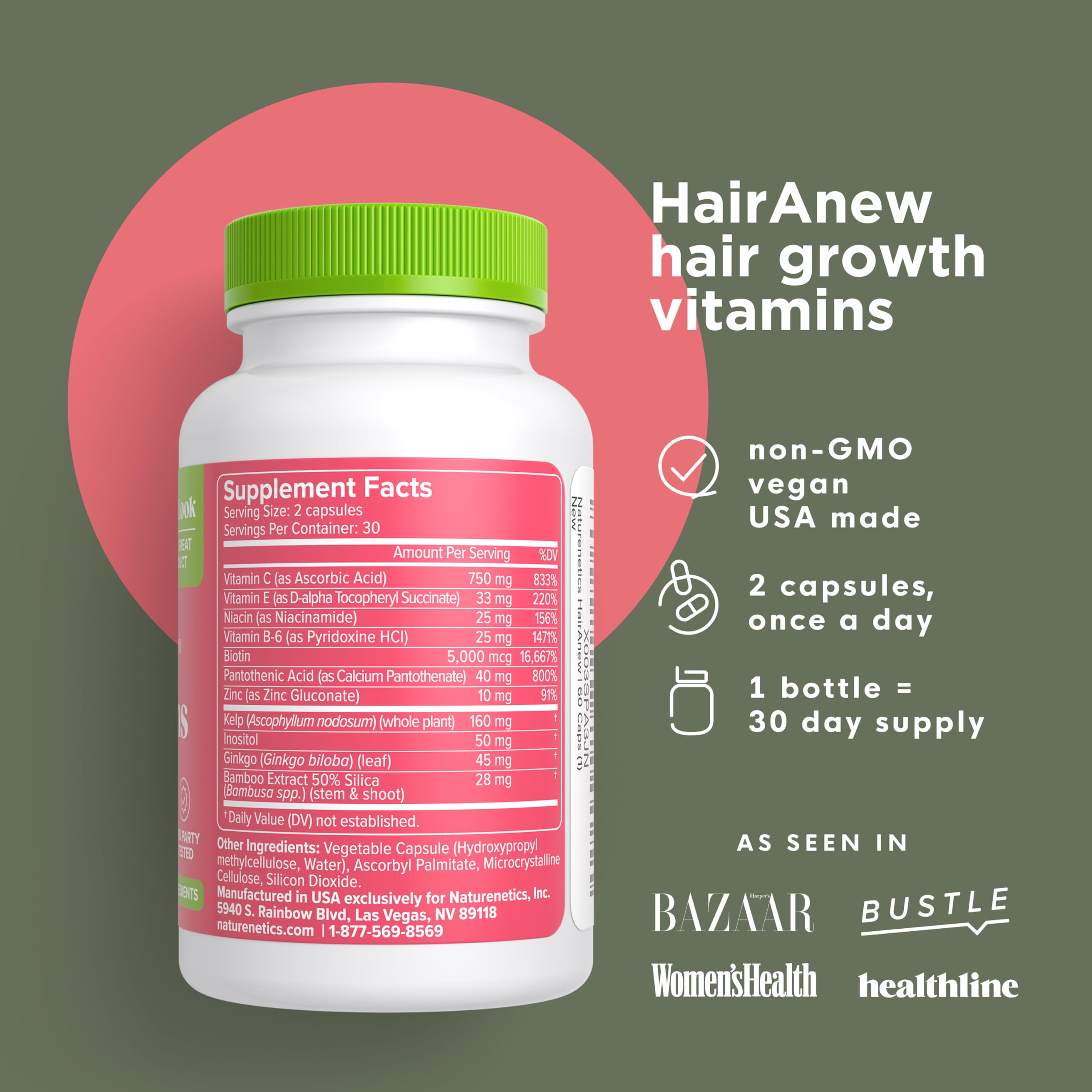 Foto 3 pulgar | Vitaminas Para El Crecimiento Del Cabello Naturenetics Hairanew 60 Cápsulas - Venta Internacional.