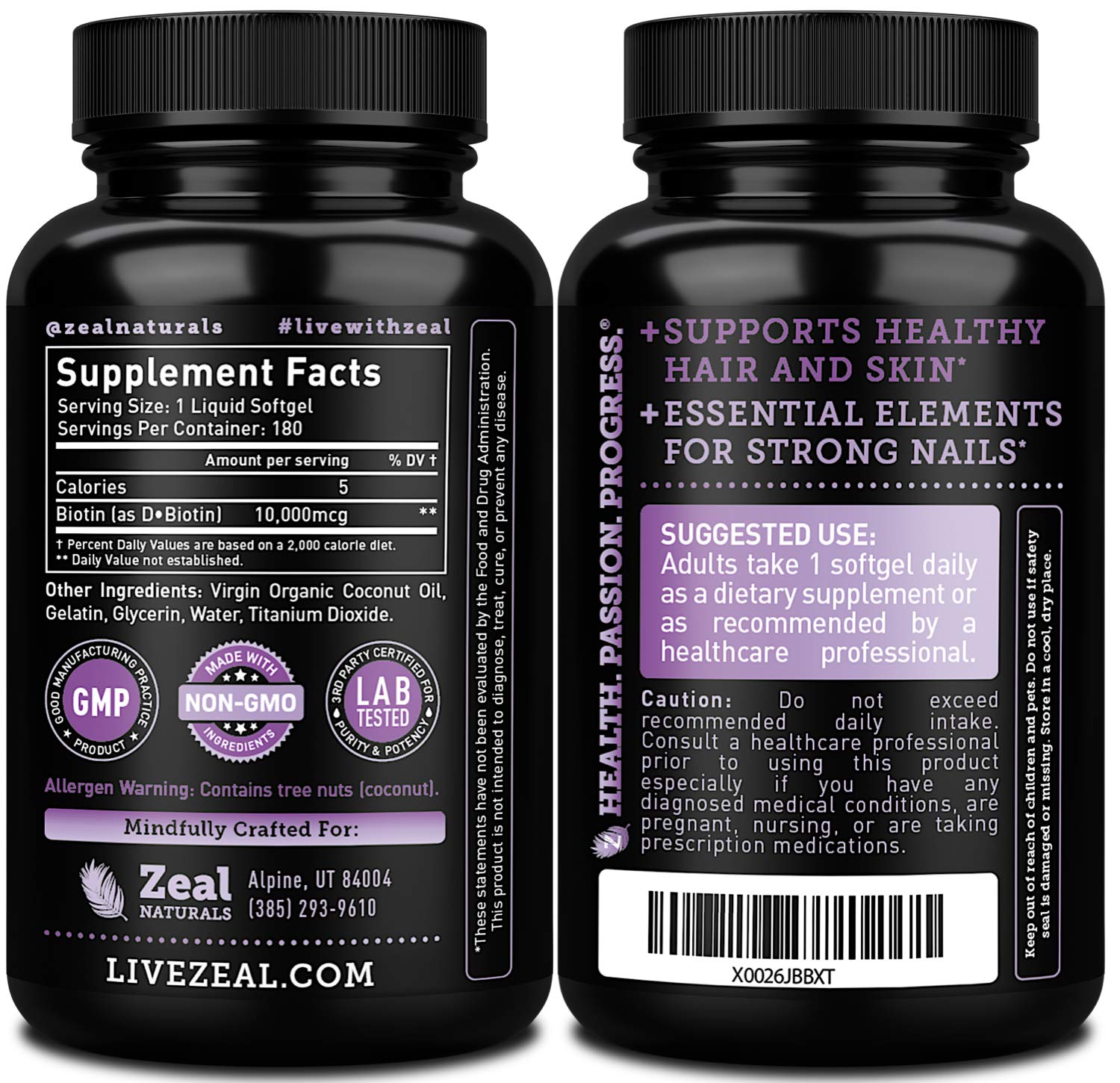 Foto 3 pulgar | Suplemento De Biotina Zeal Naturals De 10000 Mcg Con Aceite De Coco 180  - Venta Internacional.